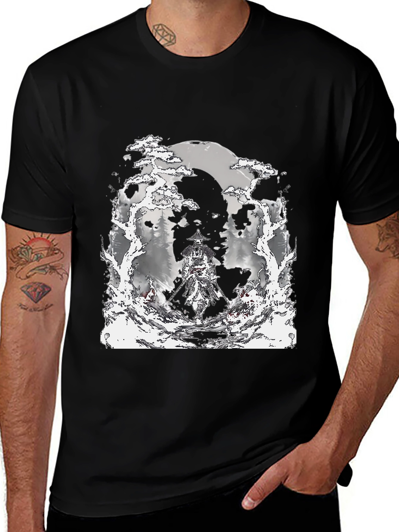 Variant 11 of Samurai Moon T-Shirt - Black Graphic Tee