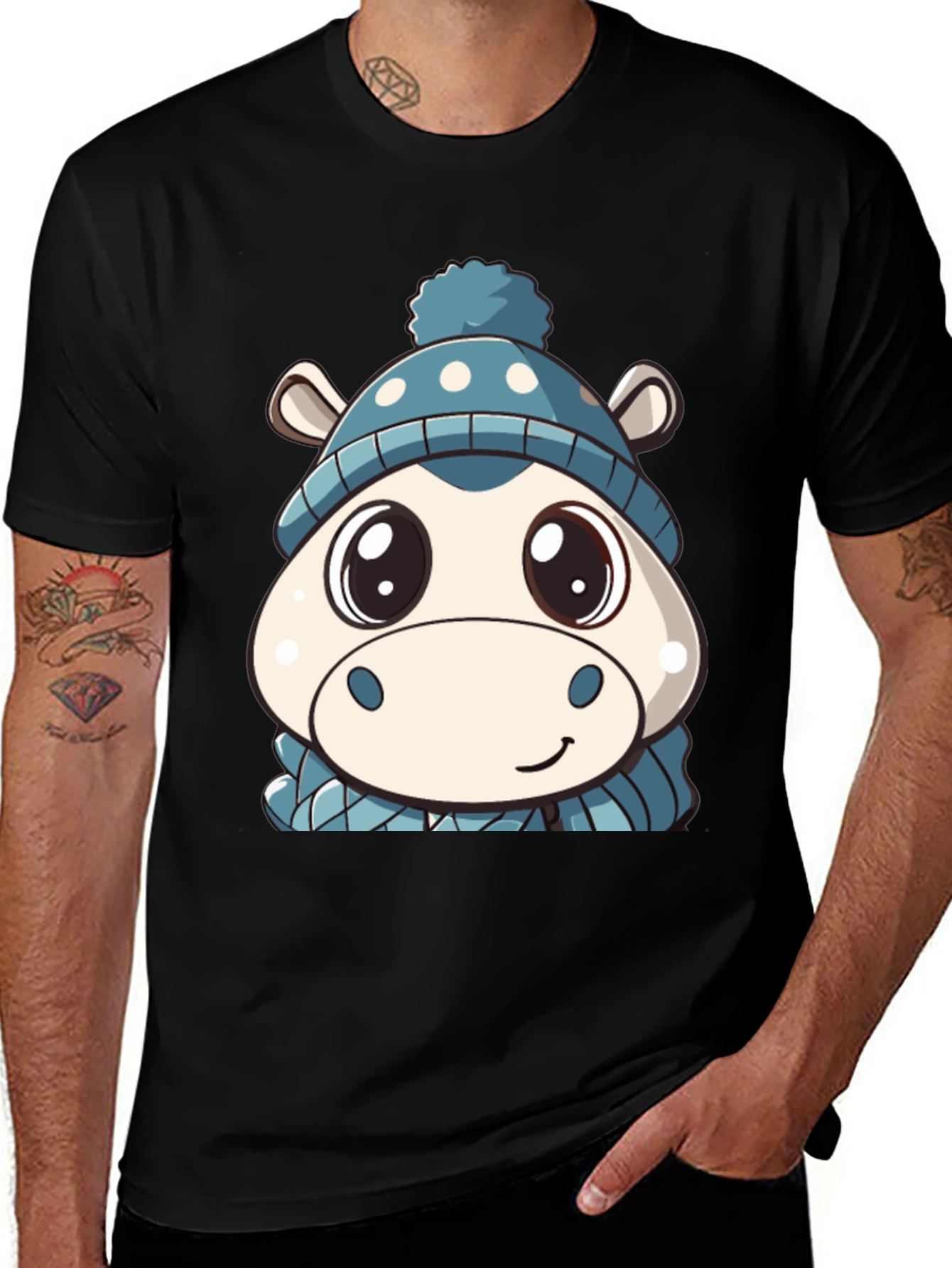 Black Cute Hippo in Hat Graphic Black T-Shirt main image