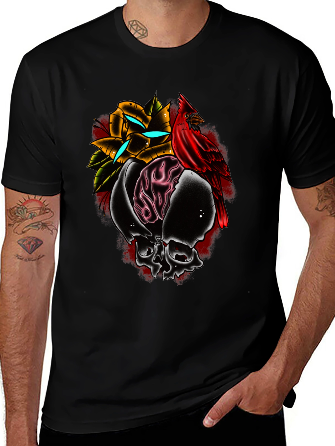 Variant 20 of Skull Rose Cardinal Graphic Tee - Edgy Menswear
