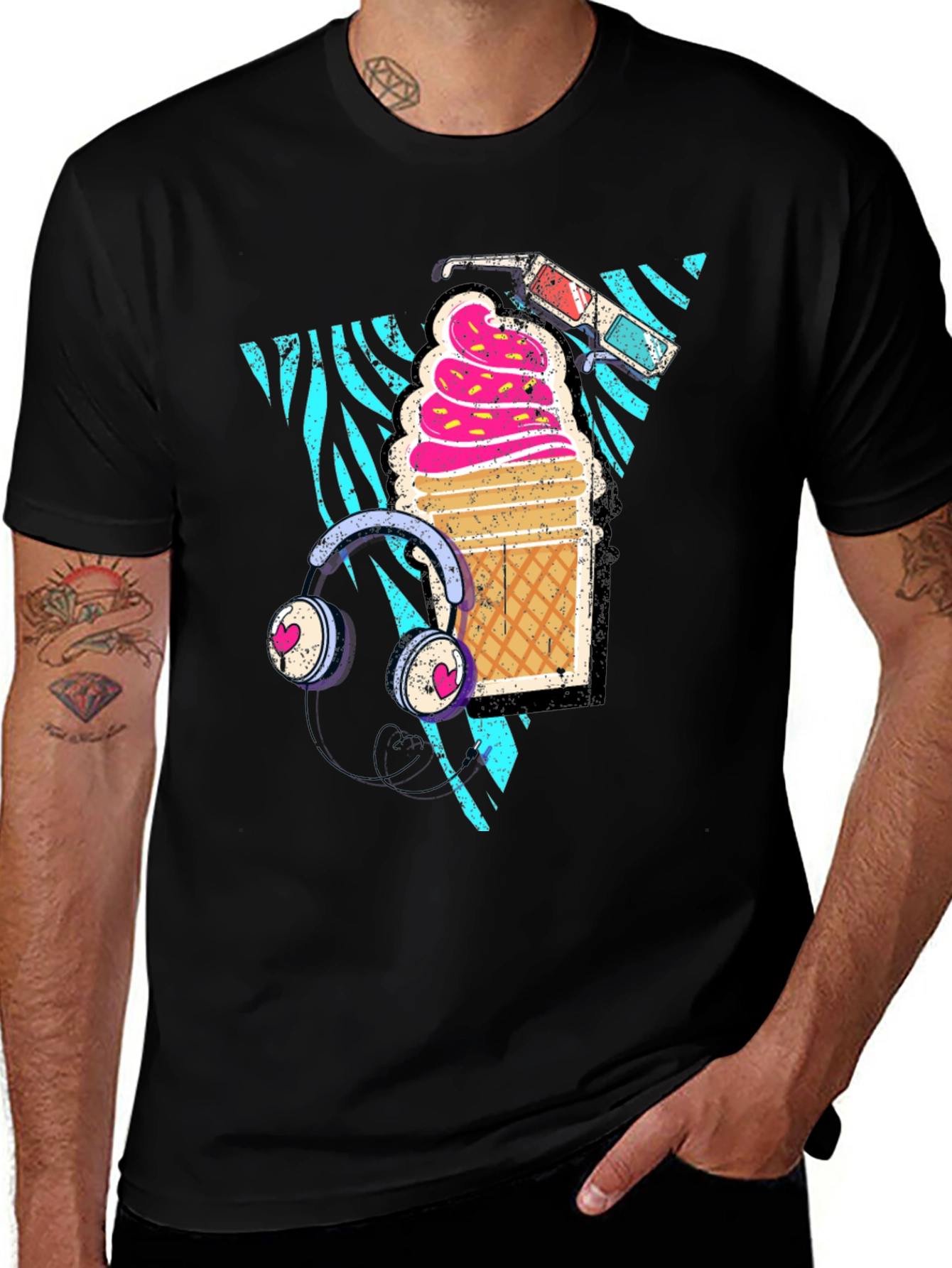 Retro Ice Cream T-Shirt with Headphones and 3D Glasses