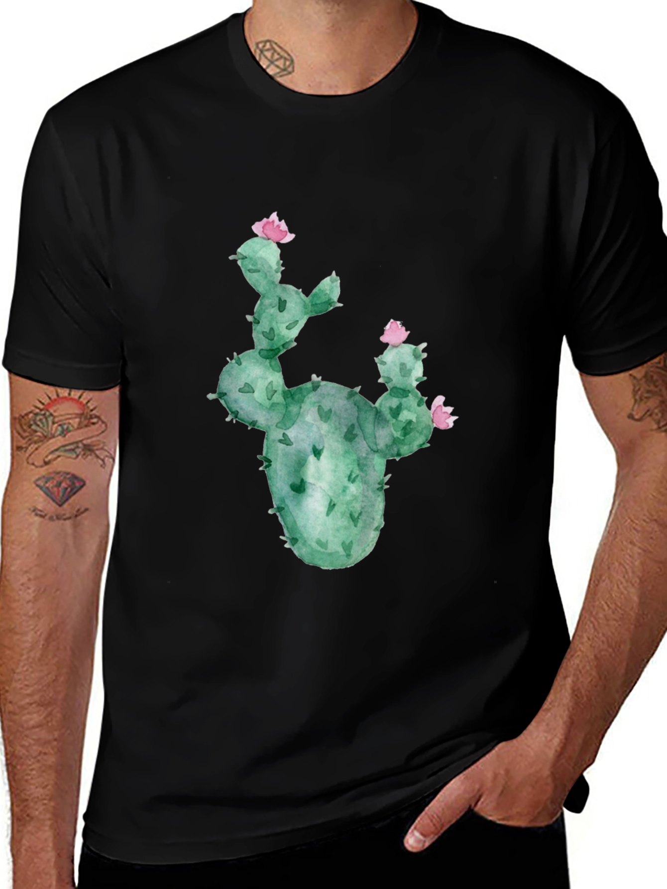 Variant 26 of Cactus Flower Graphic Tee - Black Cotton T-Shirt