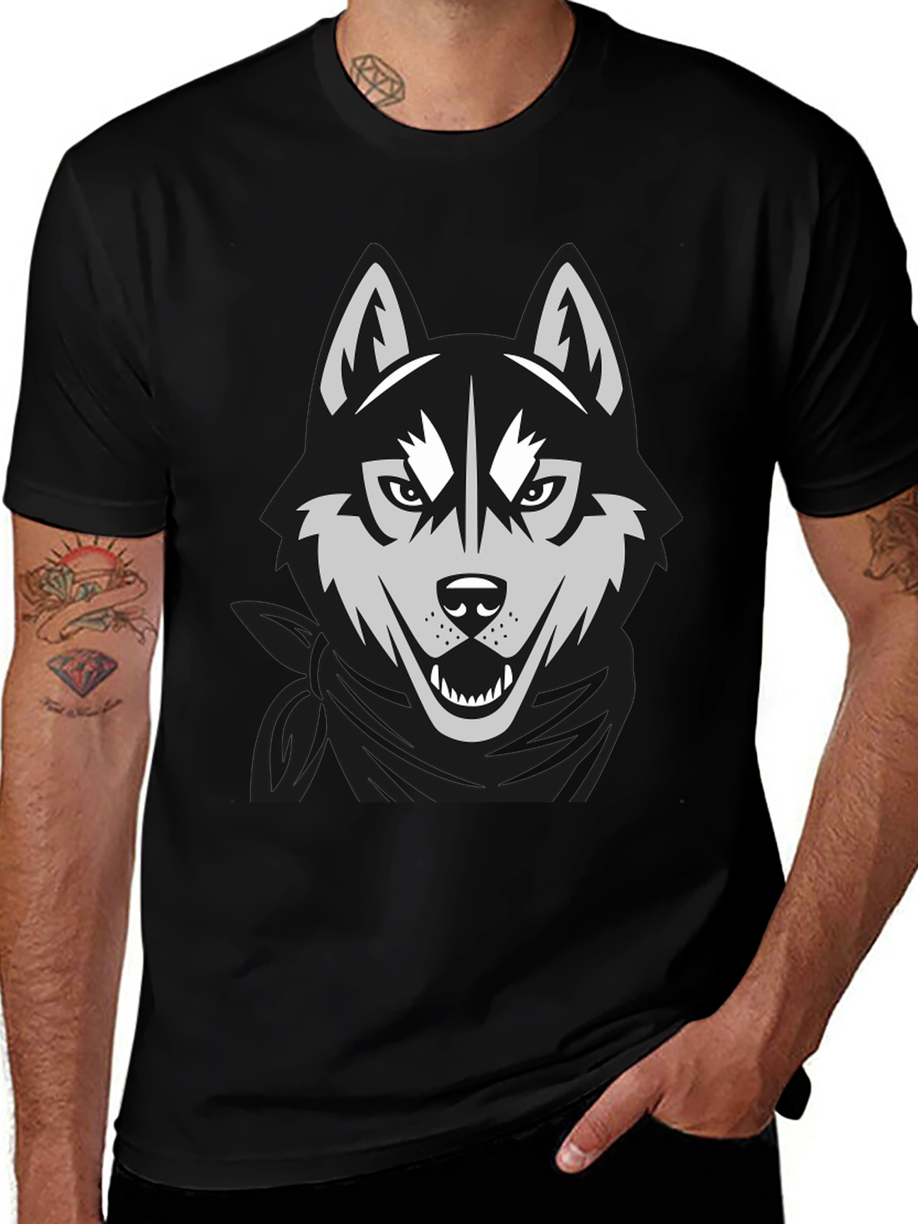 Variant 21 of Men's Black T-Shirt with Wolf Graphic Design