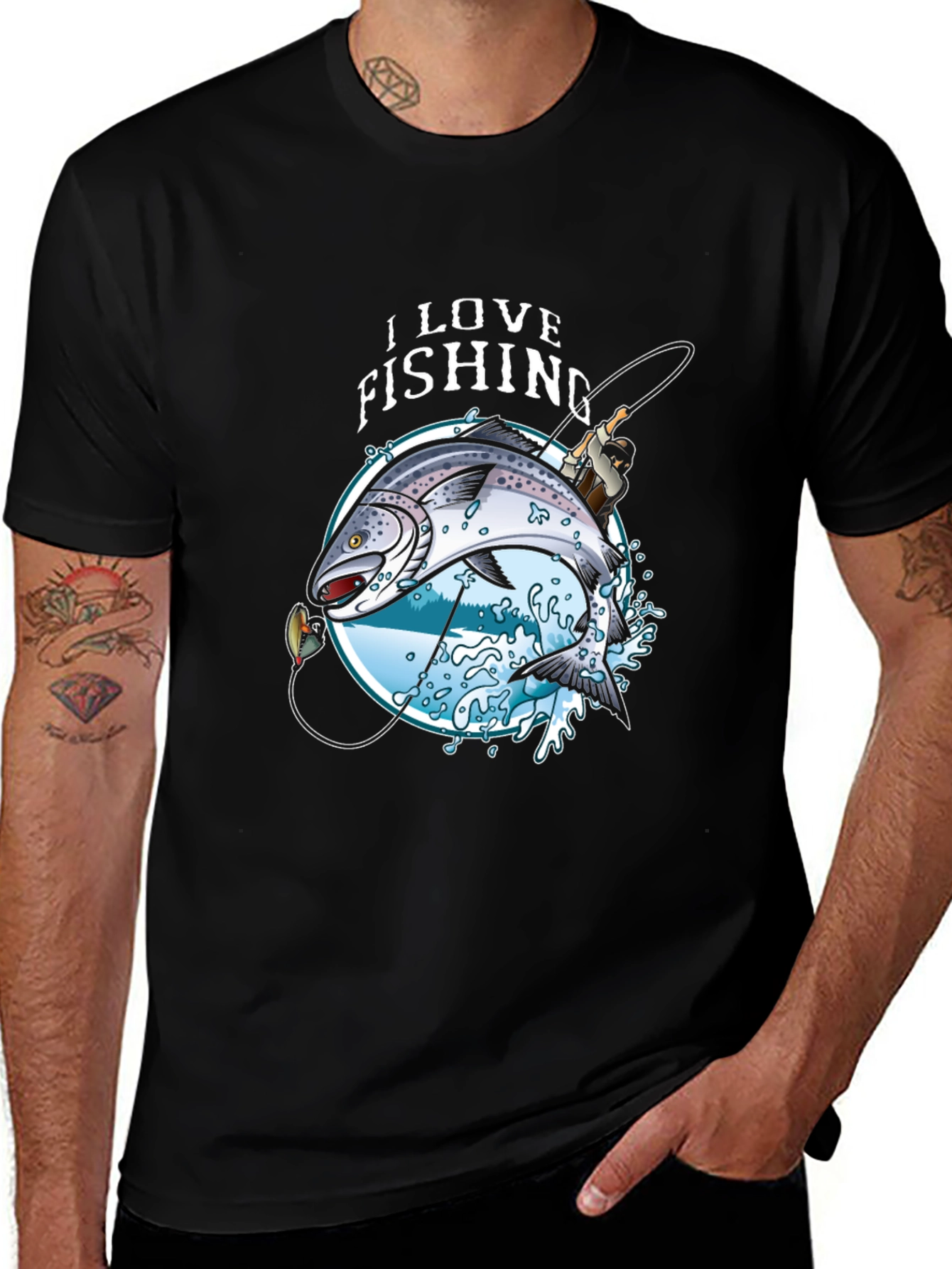 Variant 26 of I Love Fishing Graphic Tee - Black Cotton T-Shirt