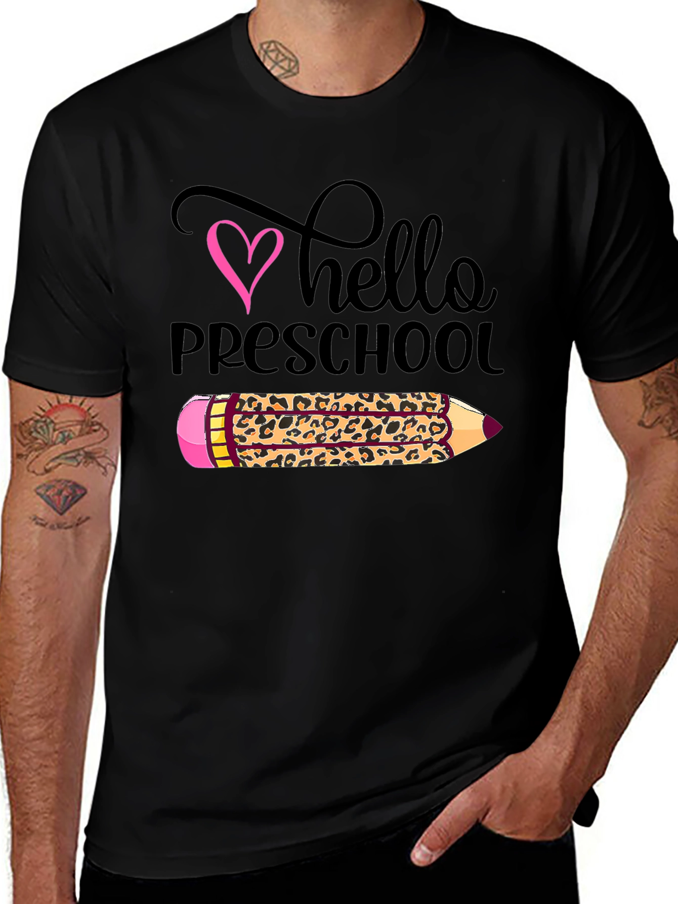 Variant 8 of Hello Preschool Leopard Print Pencil T-Shirt