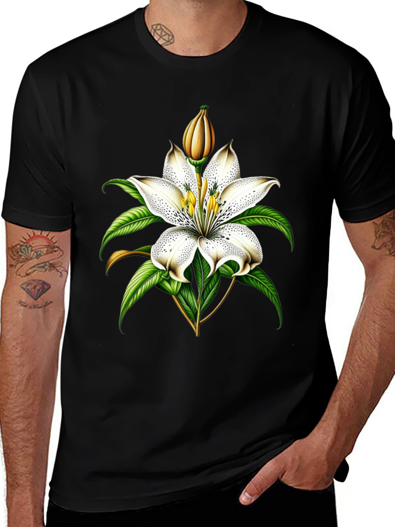 Variant 9 of Floral Lily Graphic Tee - Stylish Men's Black T-Shirt