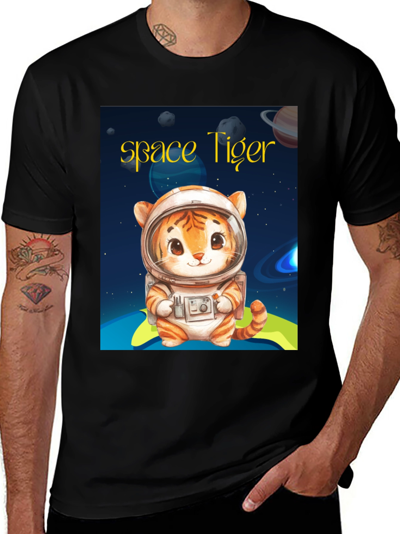 Space Tiger Graphic Tee - Unique Astronaut Cat Design