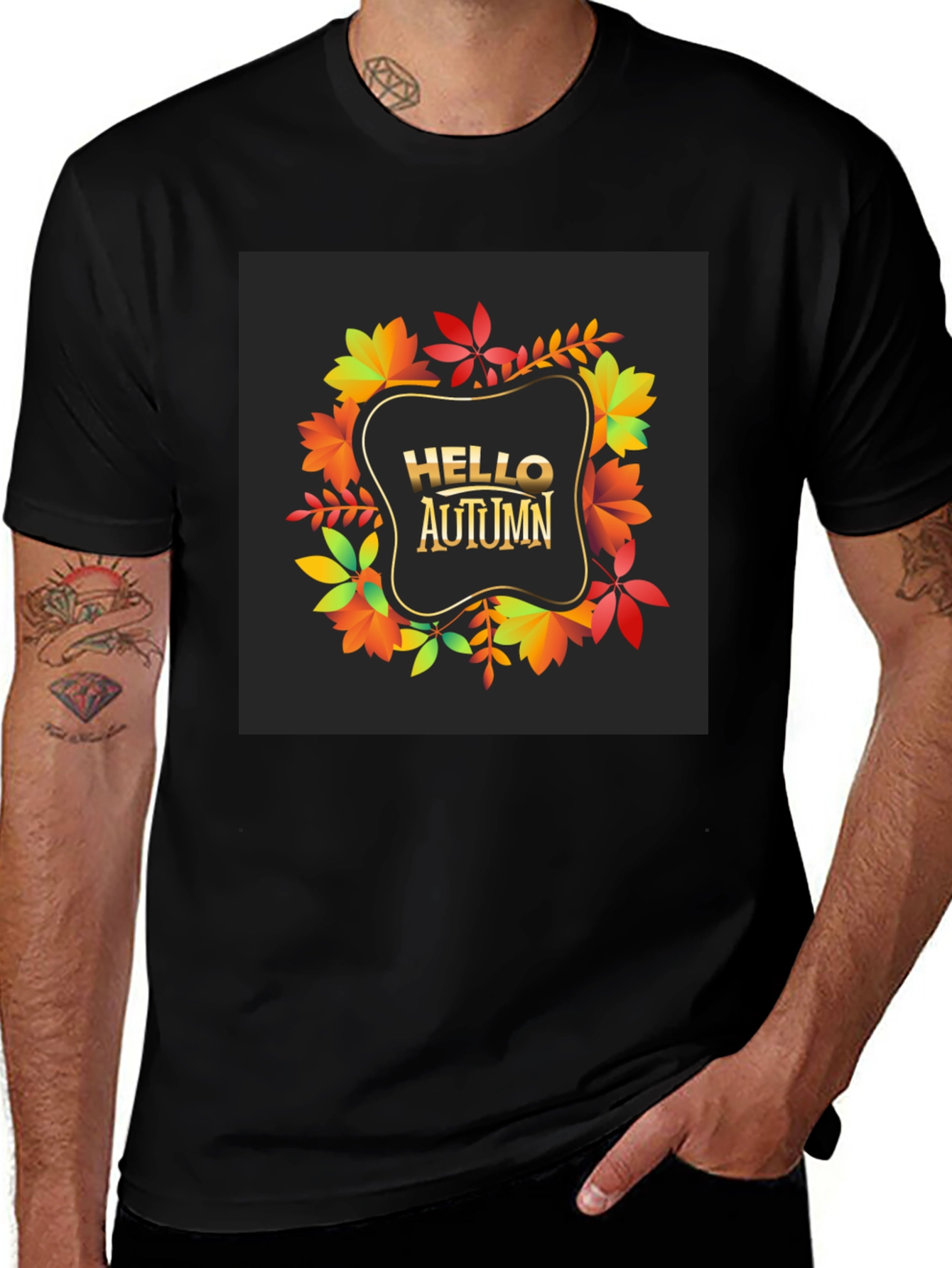 Hello Autumn Black T-Shirt - Fall Leaves Design