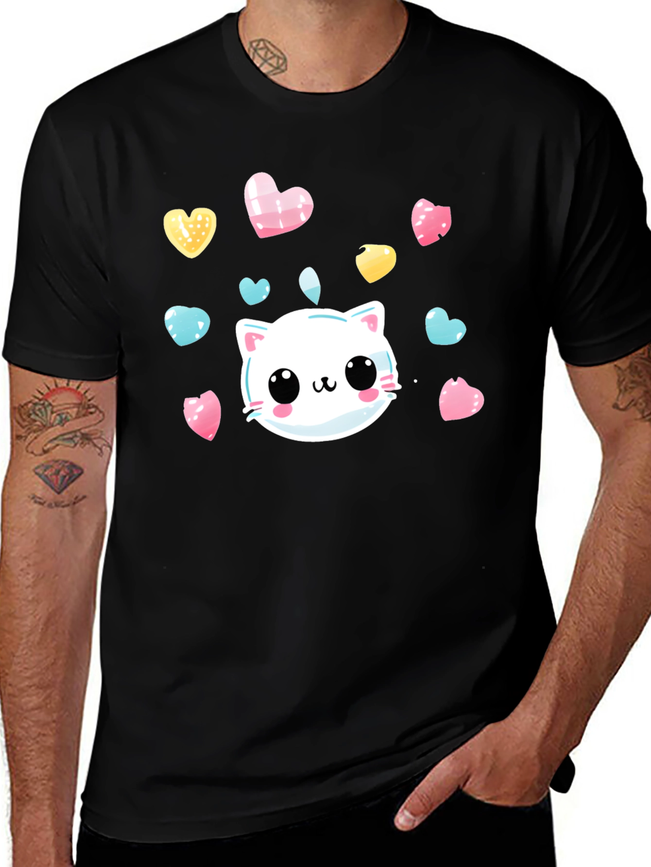 Variant 2 of Kawaii Cat Heart Print Black T-Shirt