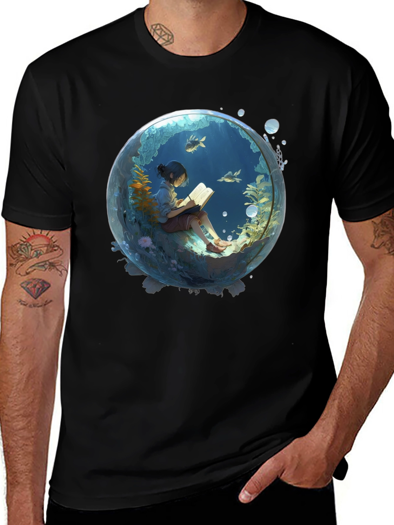 Variant 11 of Black T-Shirt with Underwater Book Reader Design