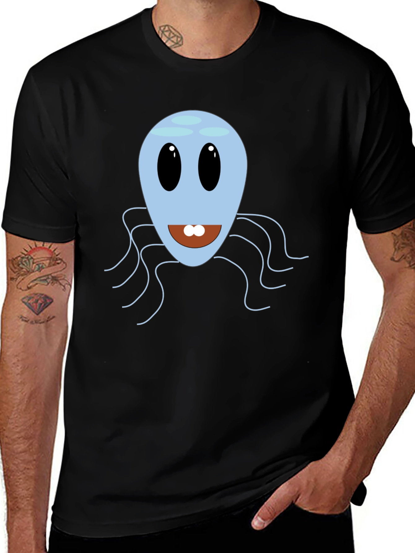 Cute Blue Octopus Graphic Tee - Men's Black T-Shirt