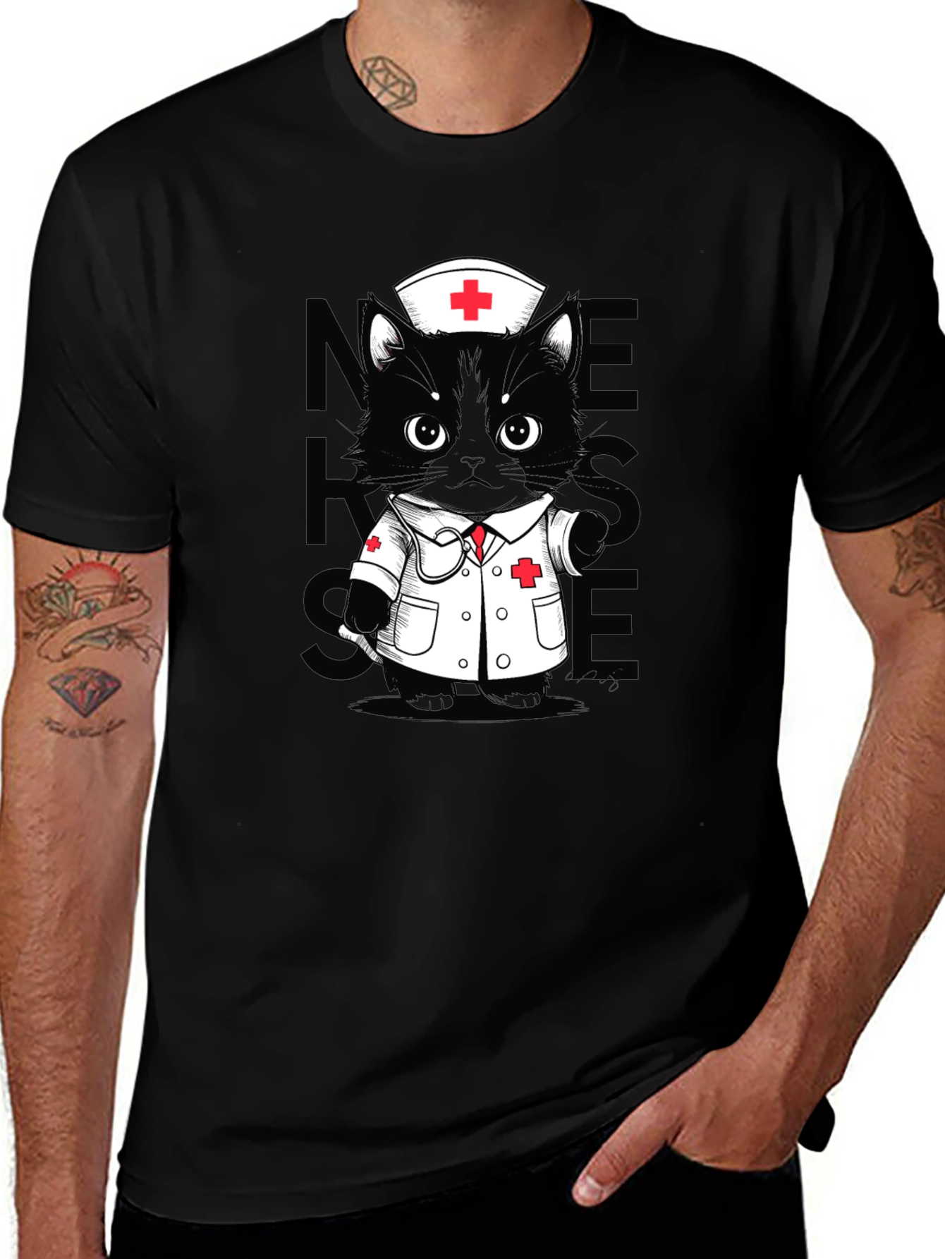 Variant 23 of Nurse Cat T-Shirt - Unisex Black Tee