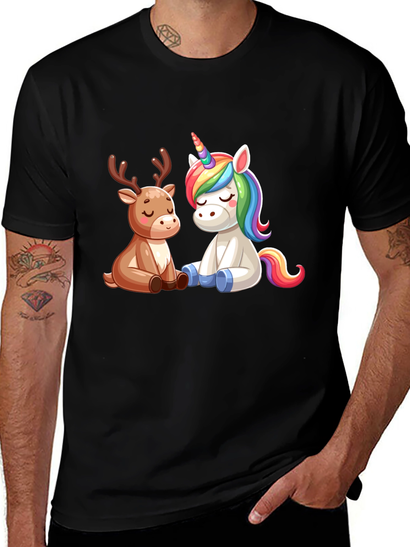 Cute Reindeer & Unicorn Black Graphic Tee