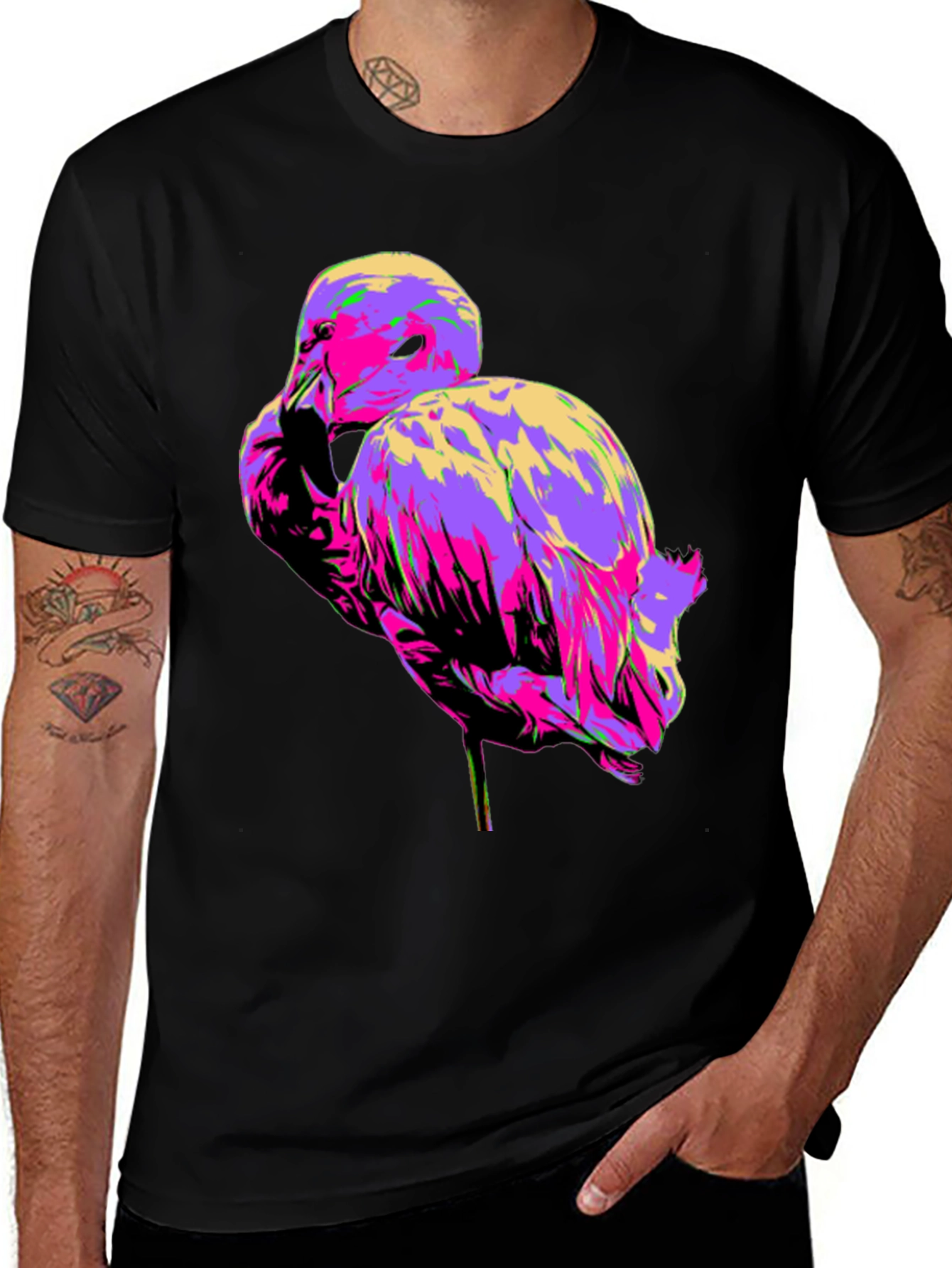 Variant 28 of Vibrant Flamingo Graphic Tee - Black Cotton T-Shirt