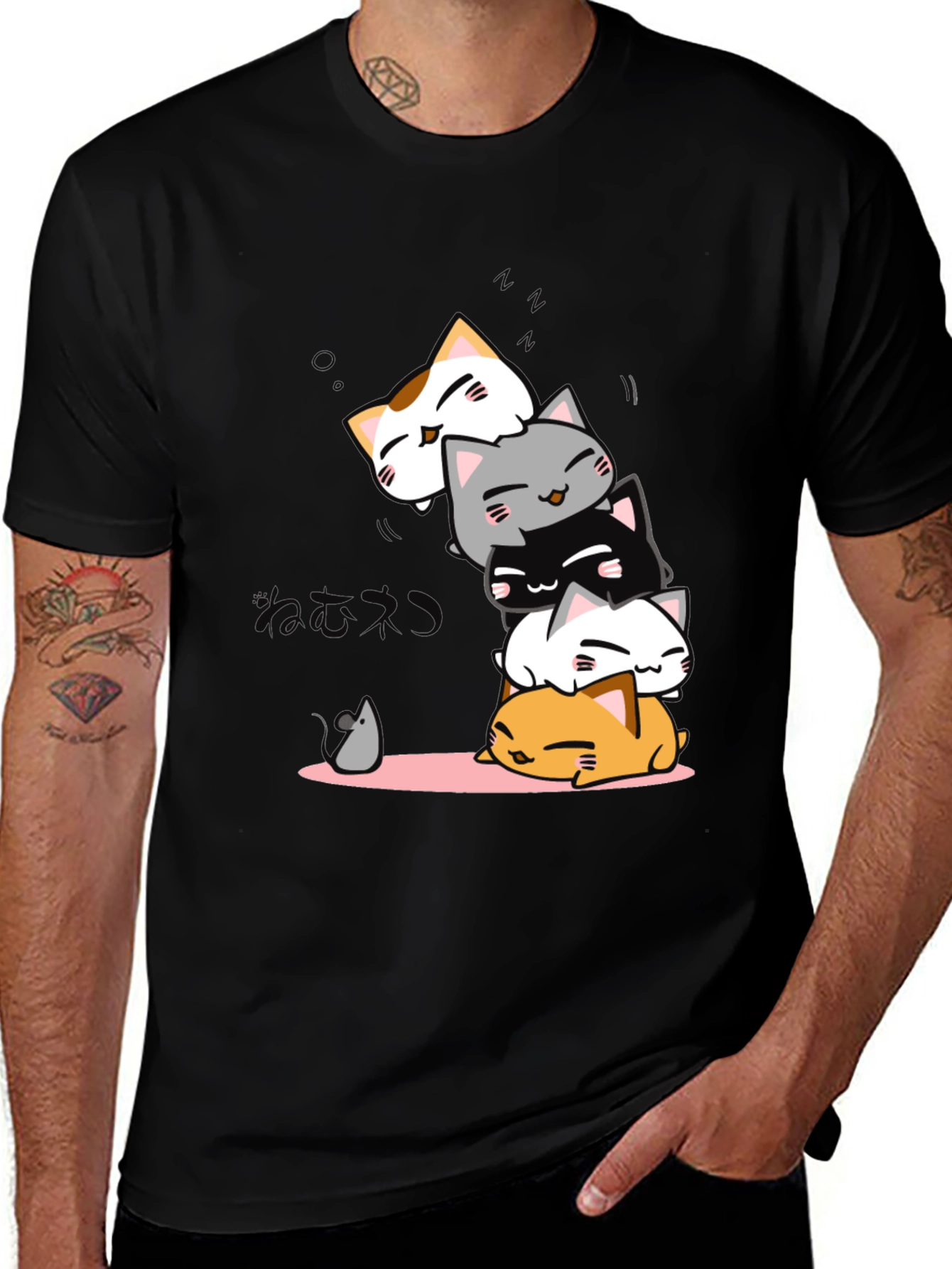 Variant 9 of Cute Cat Pile T-Shirt - Black
