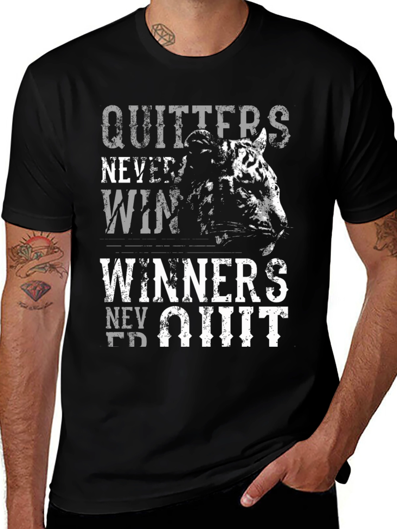 Variant 3 of Motivational Leopard Graphic Tee - Quitters Never Win
