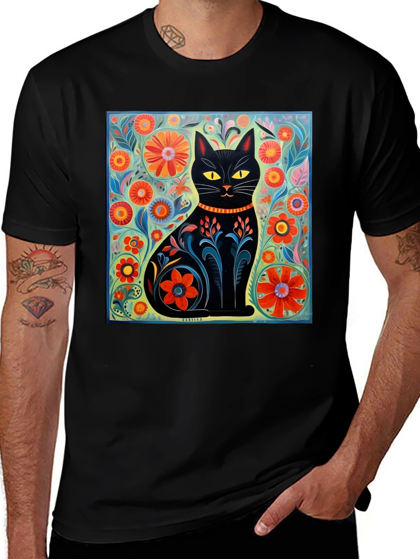 Variant 15 of Black Cat Floral Art T-Shirt