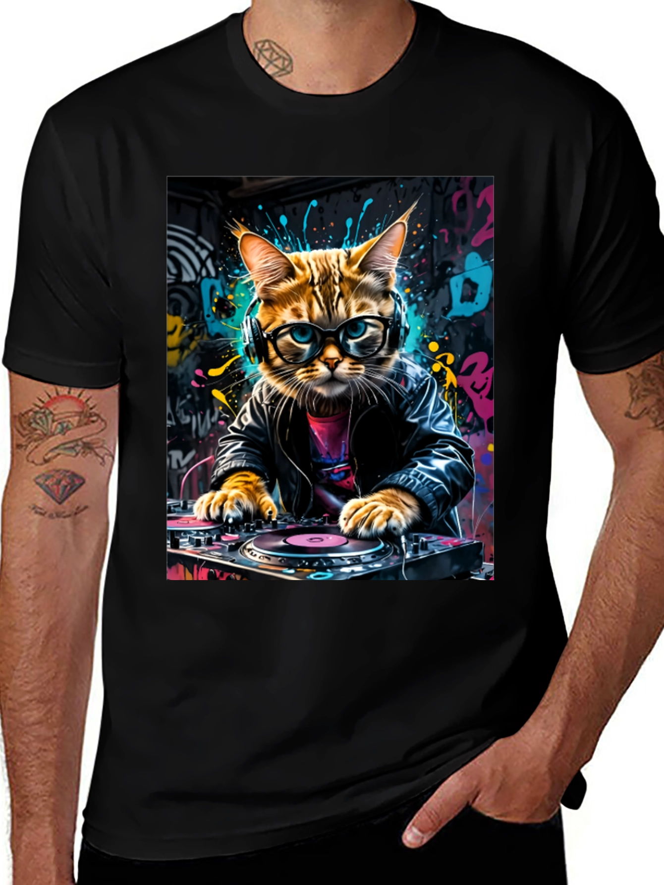 Variant 3 of DJ Cat Graphic Tee - Black Cotton Blend T-Shirt