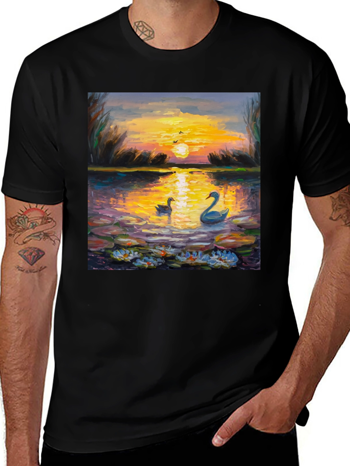Variant 9 of Sunset Swans Graphic Tee - Artistic Impression