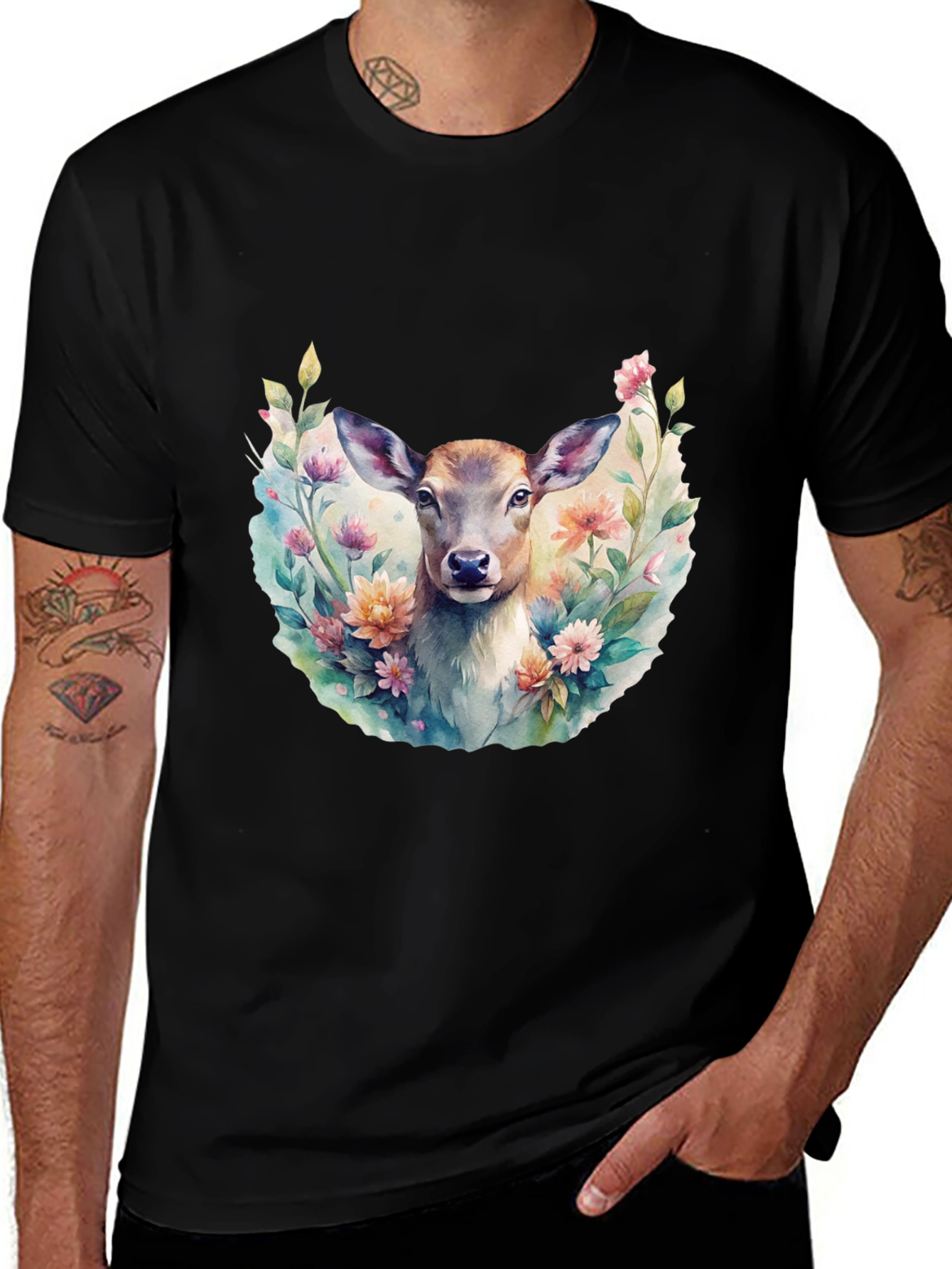 Variant 29 of Floral Deer Graphic Tee - Stylish Men's Black T-Shirt