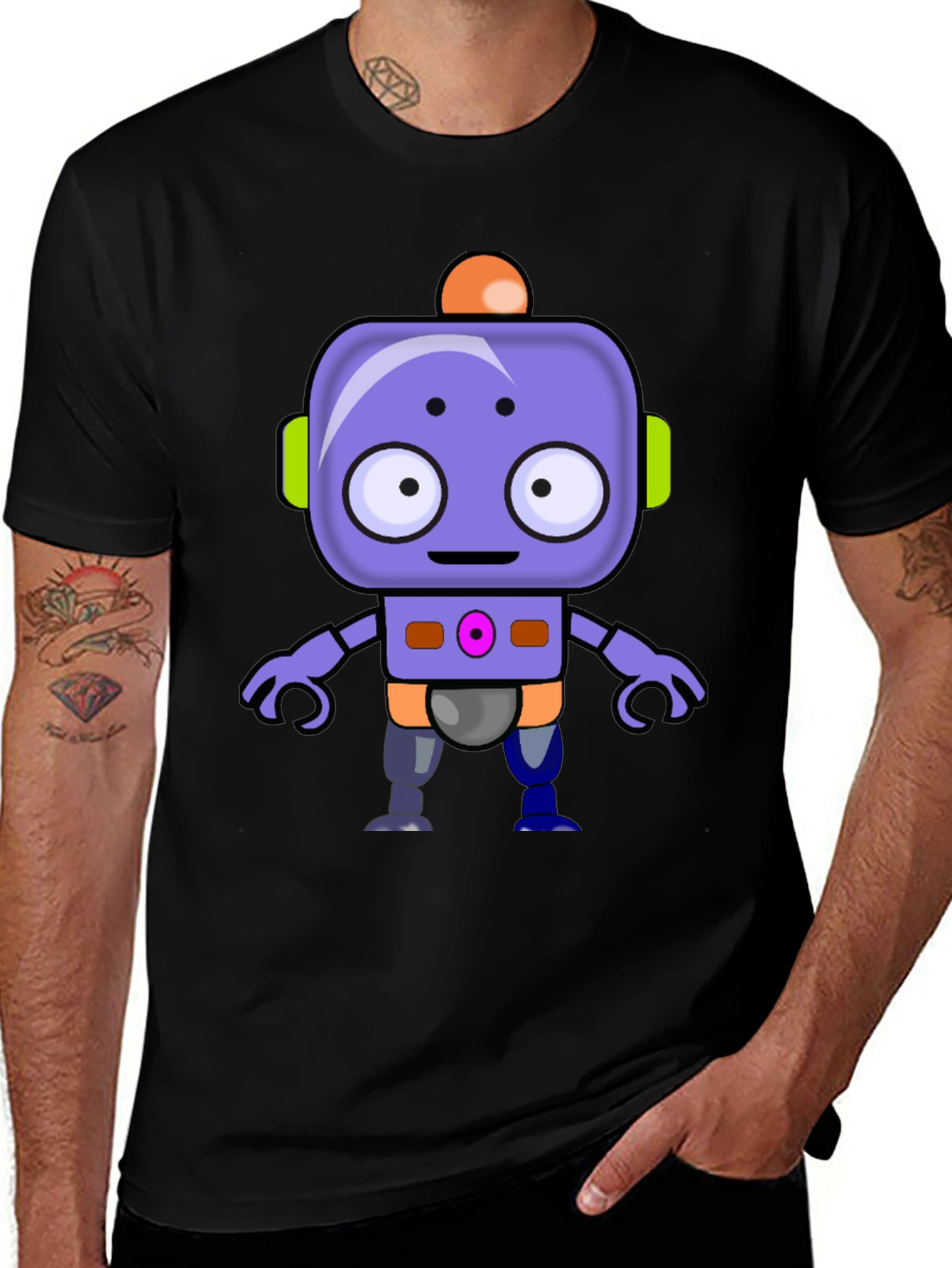 Variant 16 of Cute Robot Graphic T-Shirt - Black Crew Neck Tee