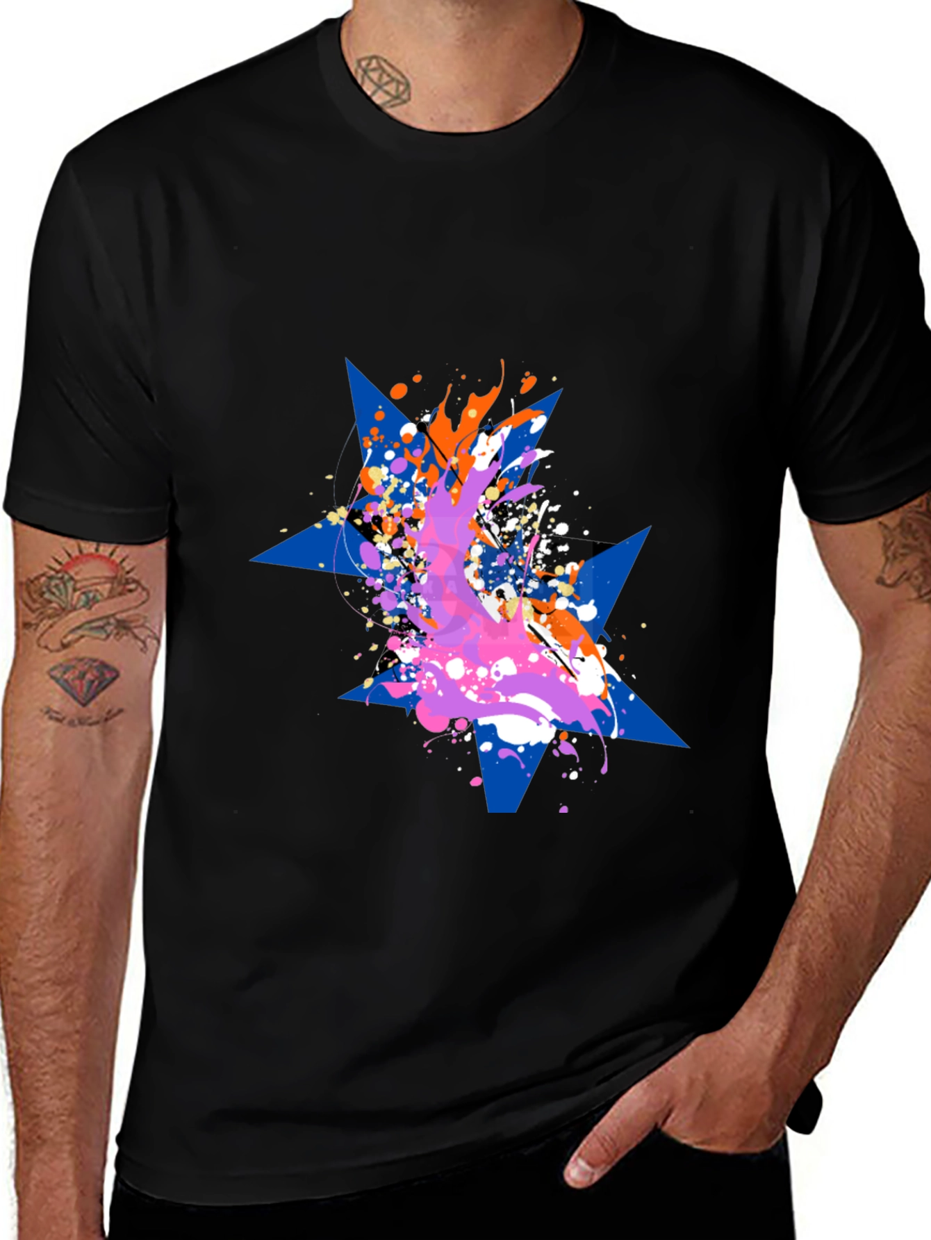 Variant 5 of Abstract Star Splatter Graphic Black T-Shirt