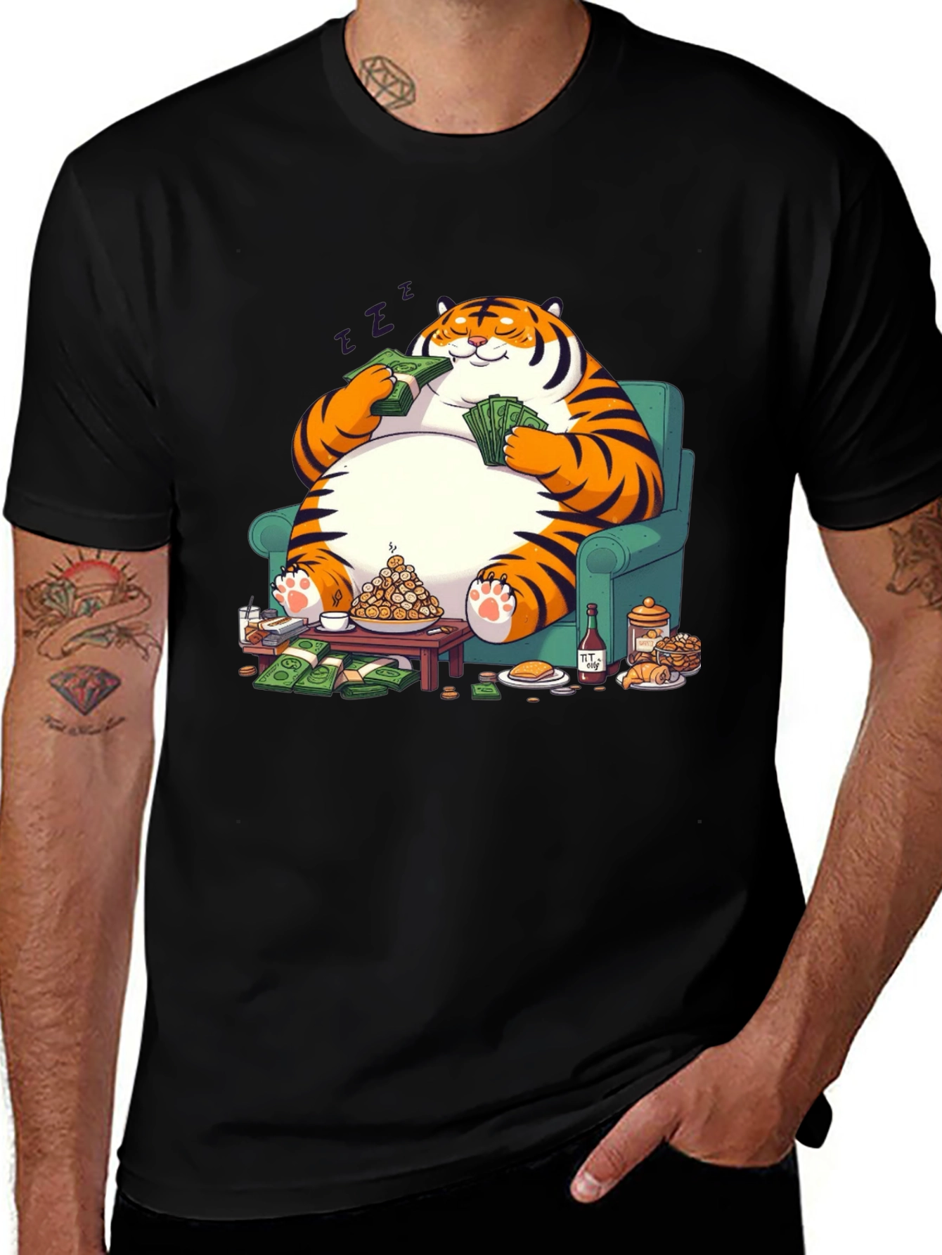 Variant 17 of Funny Tiger Eating Money Black T-Shirt