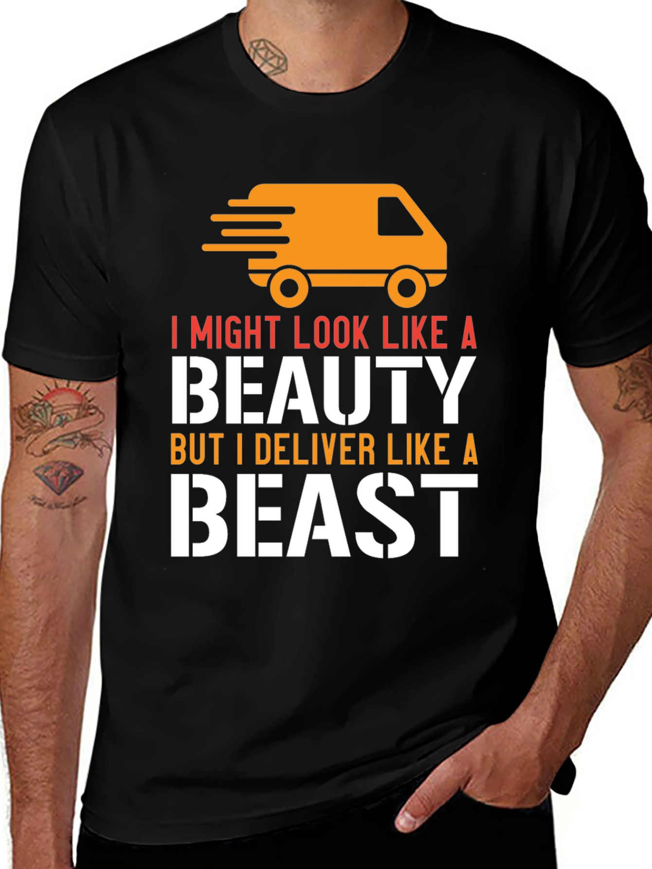 Variant 3 of Beauty & Beast Delivery T-Shirt - Black Graphic Tee