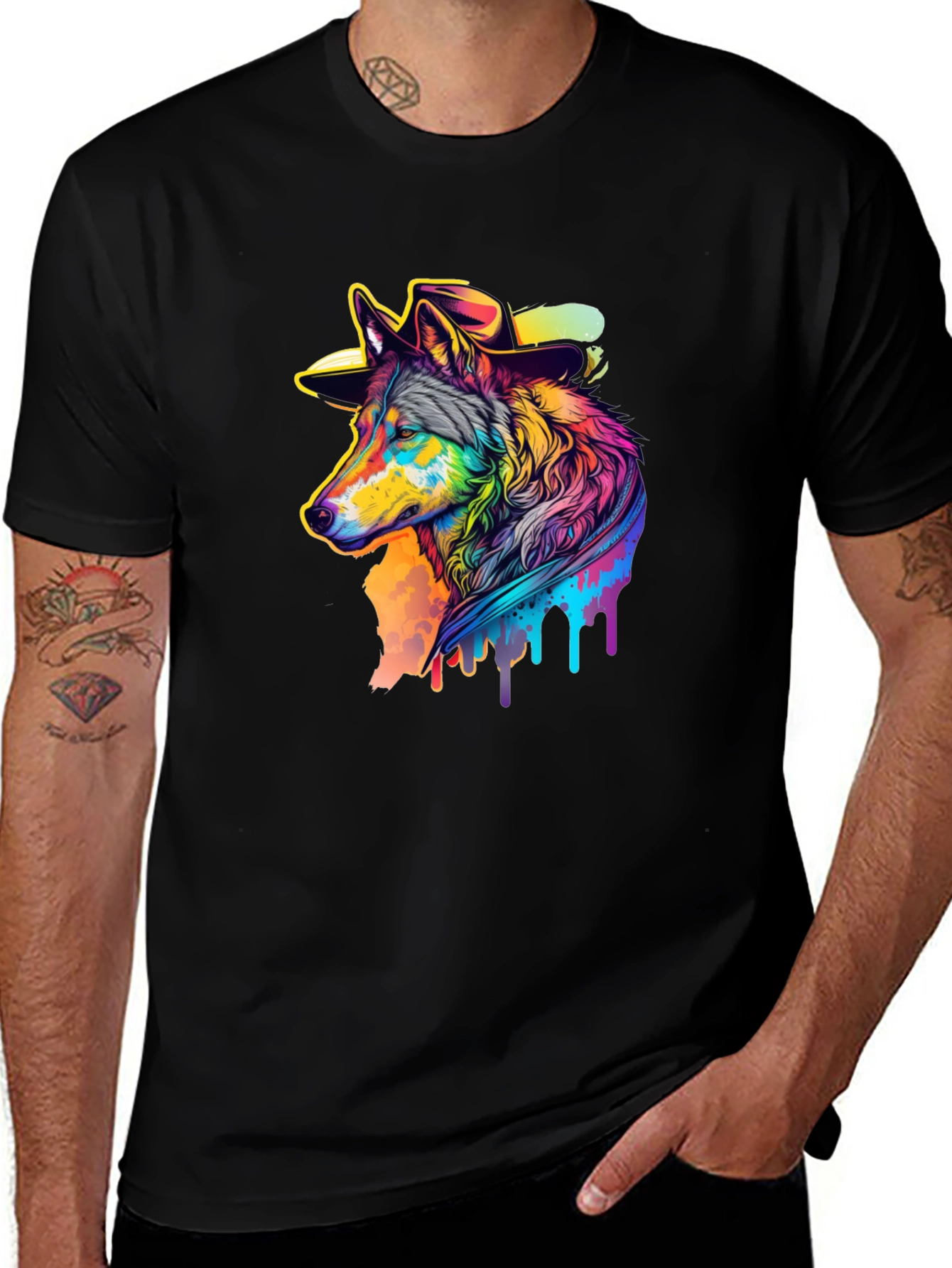 Cool Wolf in Hat Graphic Black T-Shirt