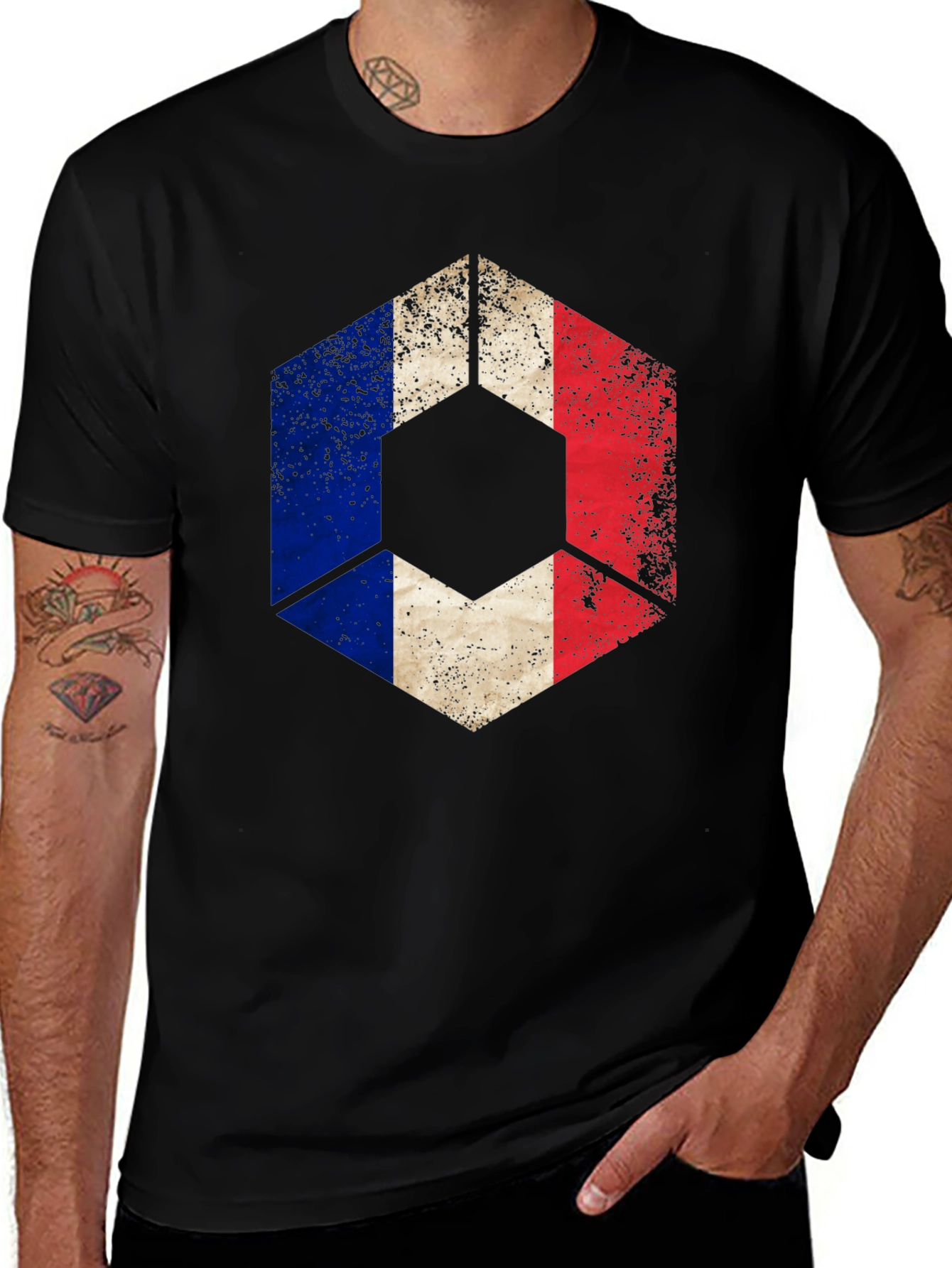 French Flag Hexagon Graphic Tee - Black Casual Shirt