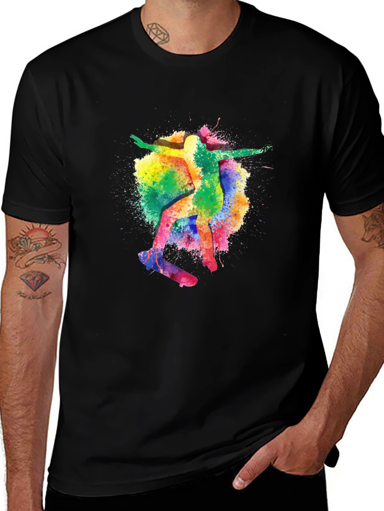 Variant 27 of Skateboarding Watercolor Graphic Black T-Shirt