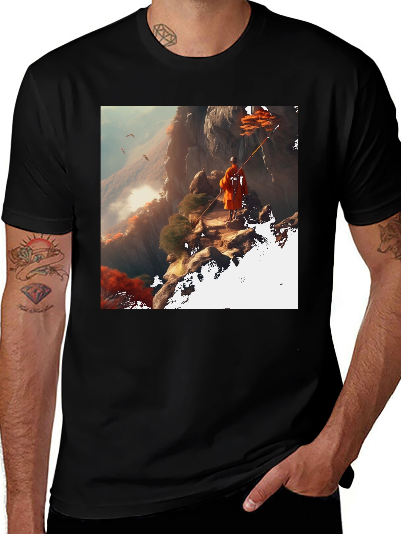 Monk on Mountain T-Shirt - Black