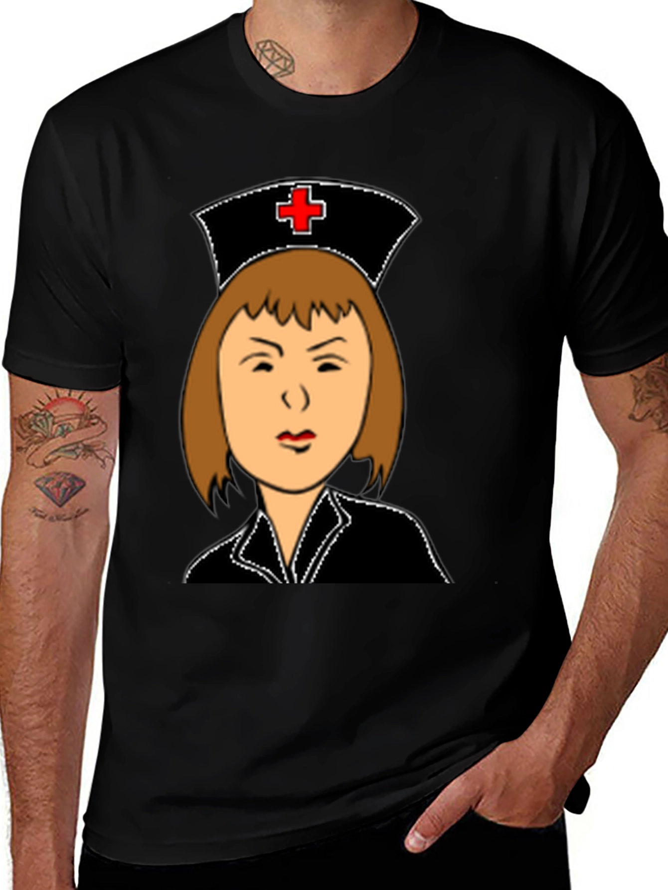 Variant 6 of Nurse Cartoon Graphic Black T-Shirt