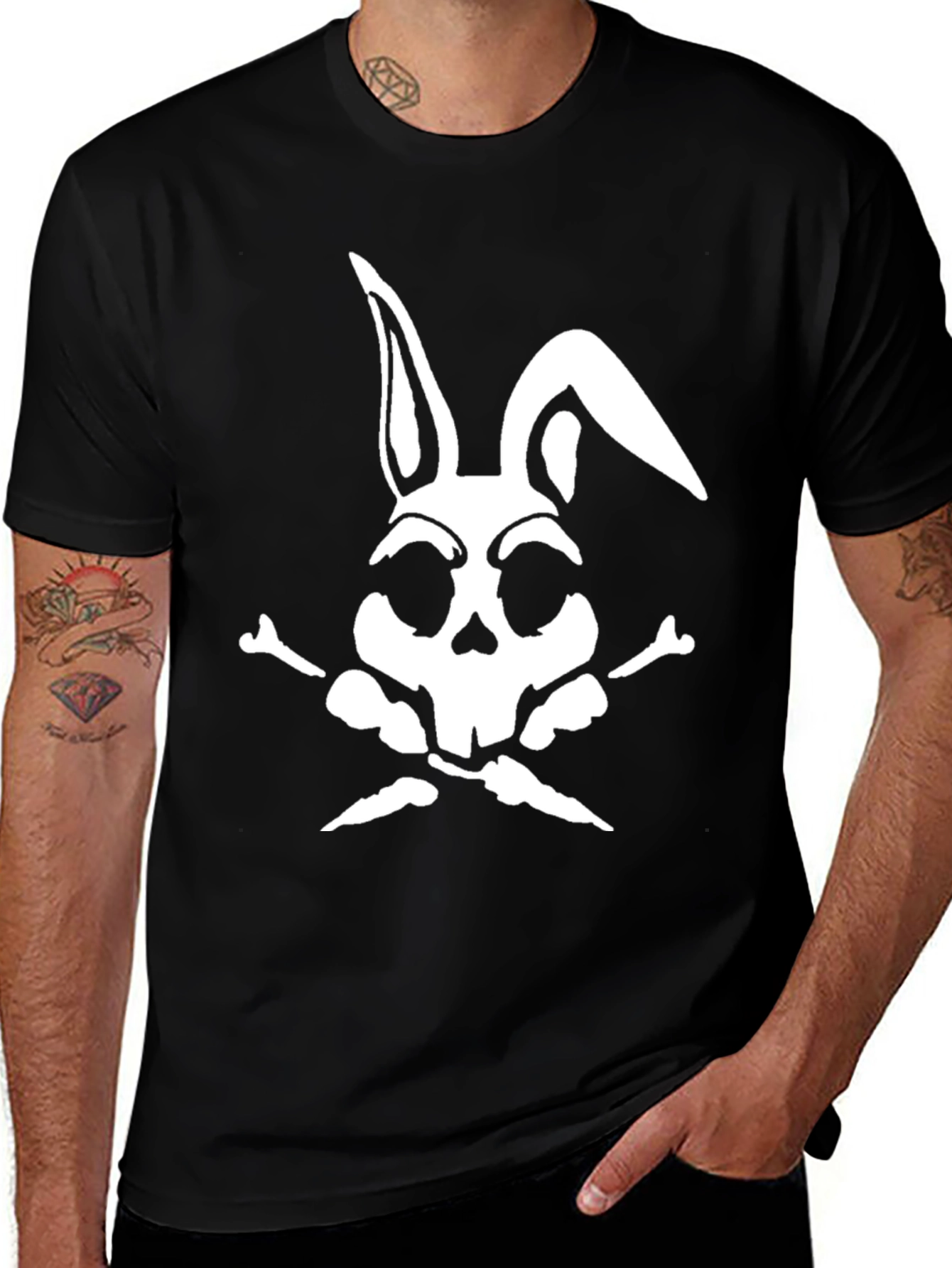 Variant 16 of Rabbit Skull & Crossbones Graphic Tee - Black Cotton