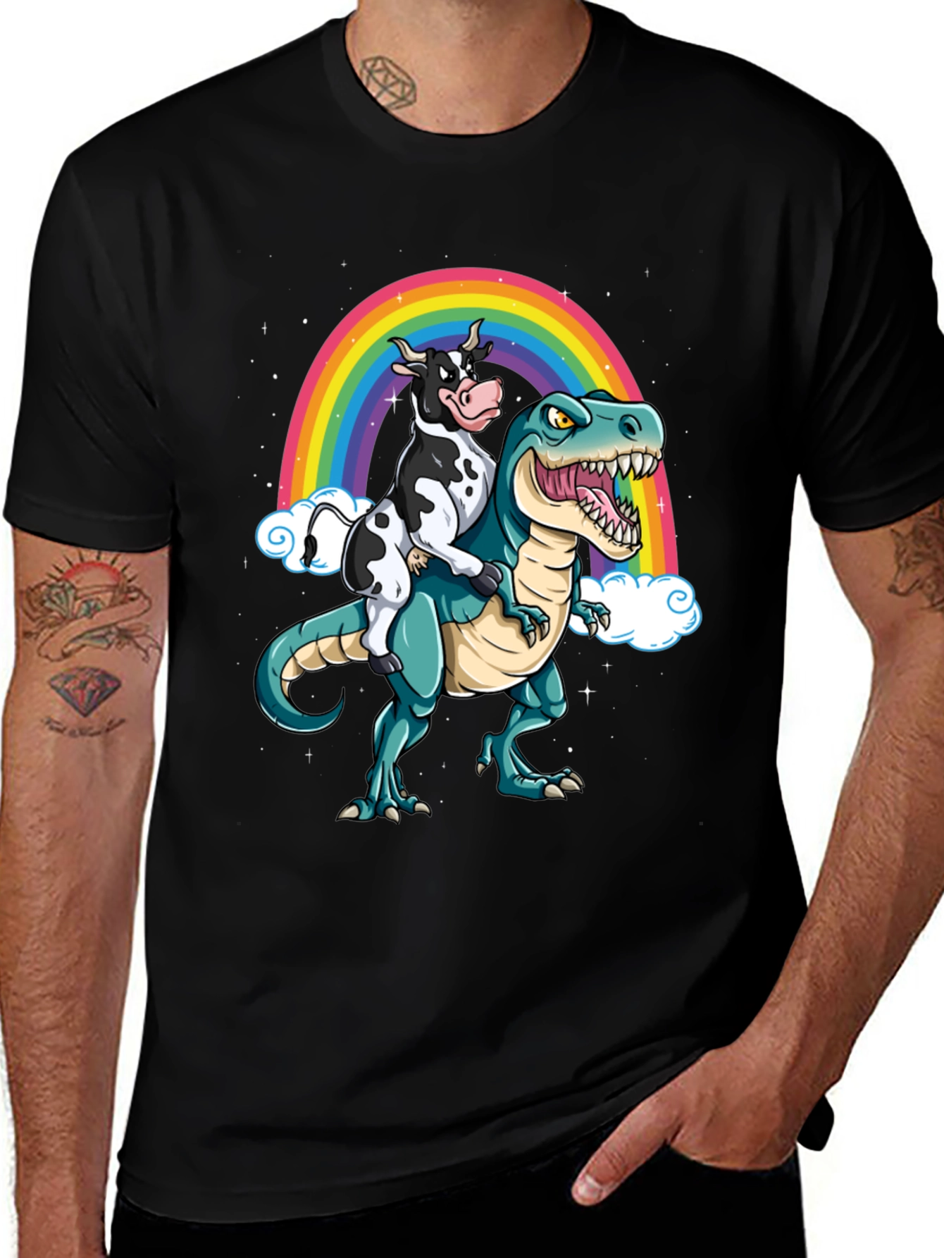 Variant 8 of Cow Riding Dinosaur Rainbow T-Shirt