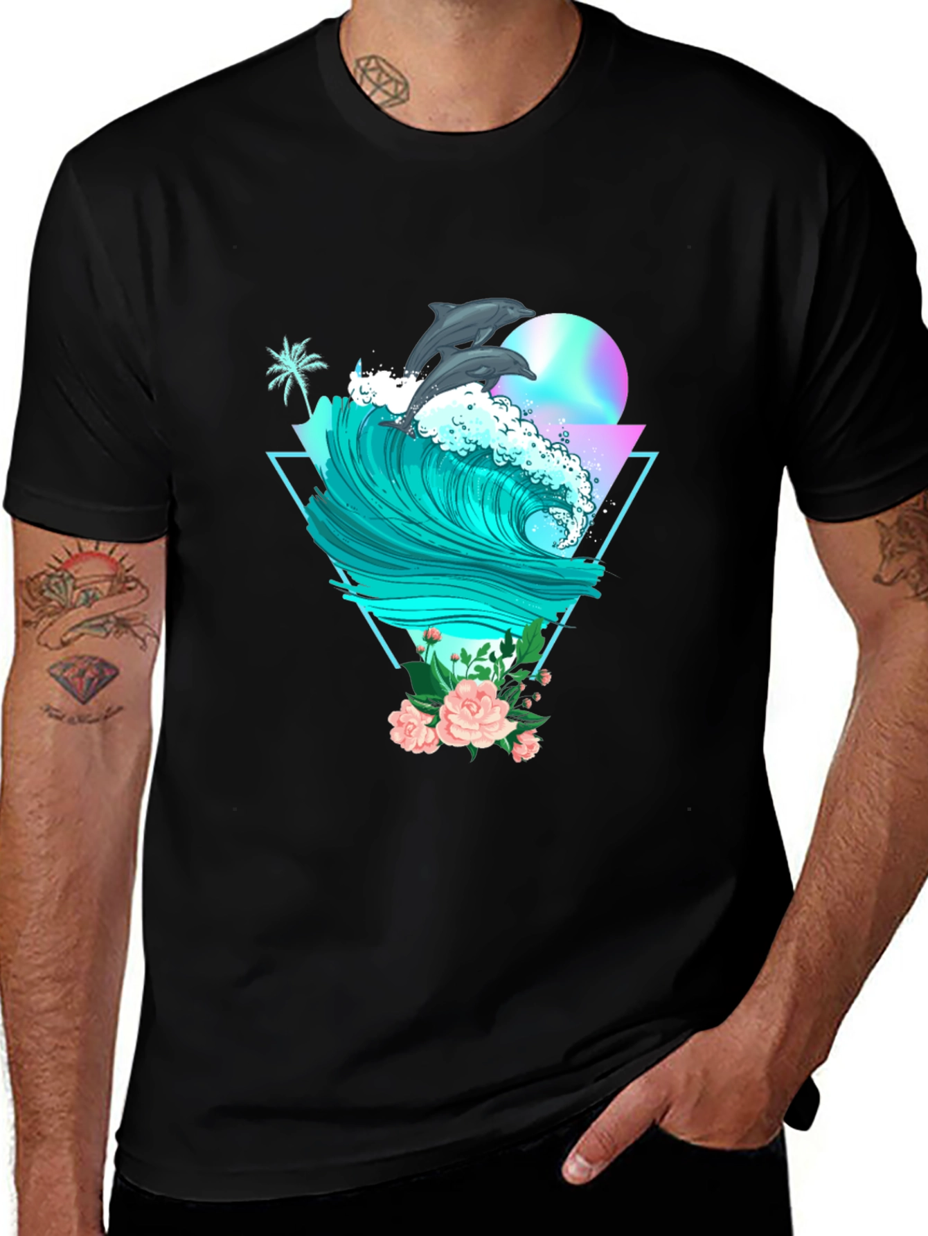 Variant 8 of Dolphin Wave Graphic Tee - Black Cotton T-Shirt