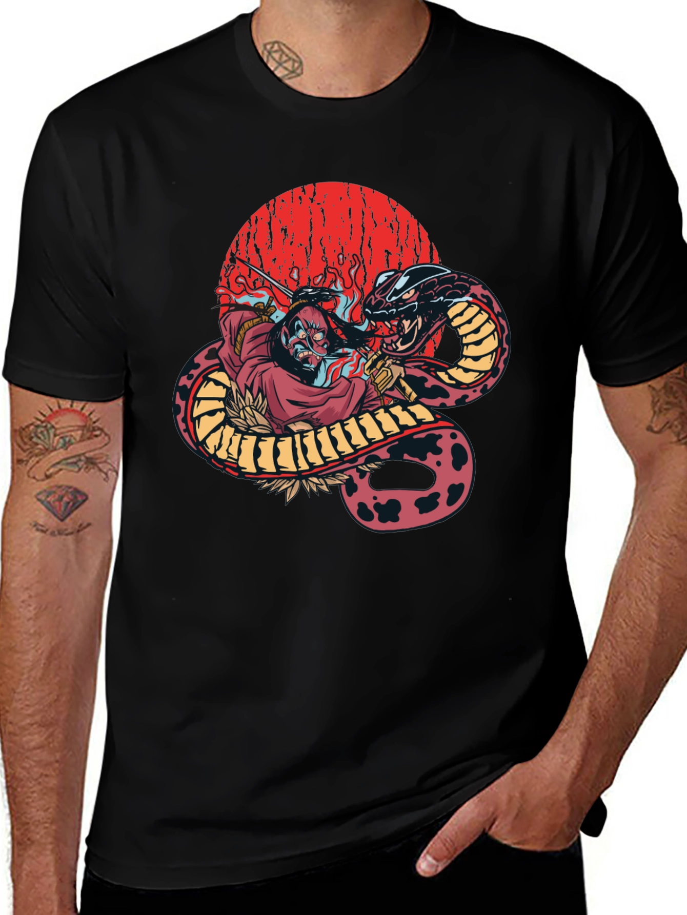 Variant 27 of Samurai Snake Graphic T-Shirt - Black Cotton Tee