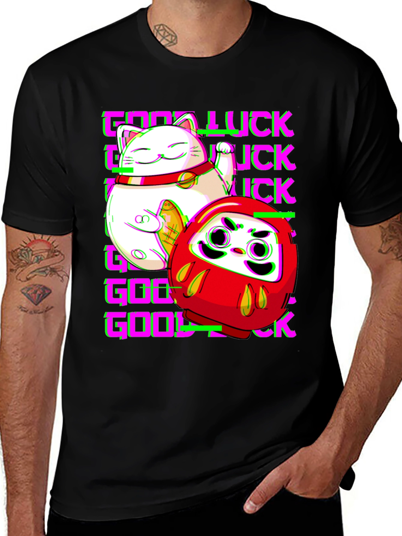Lucky Cat & Daruma Doll Graphic T-Shirt