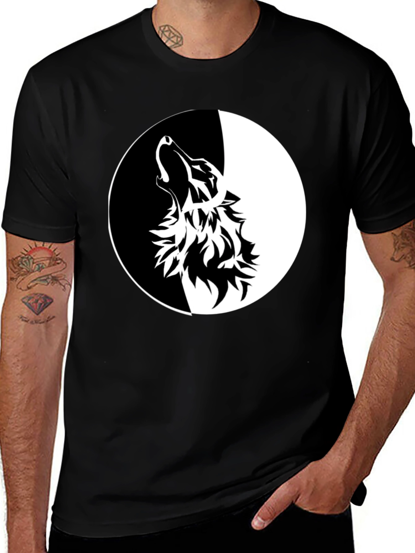 Variant 7 of Yin Yang Wolf Graphic Tee - Black