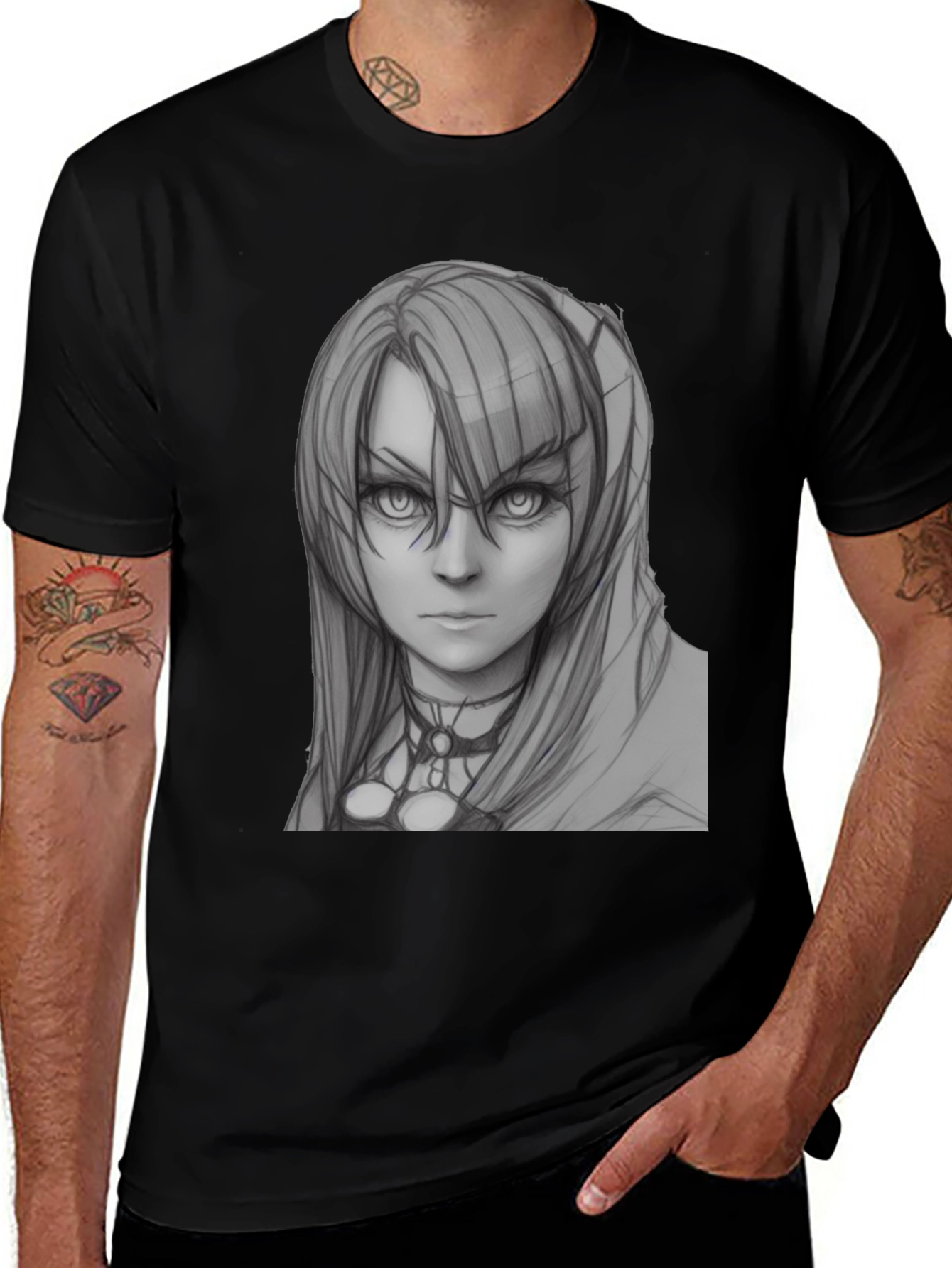 Variant 4 of Anime Girl Sketch Black T-Shirt