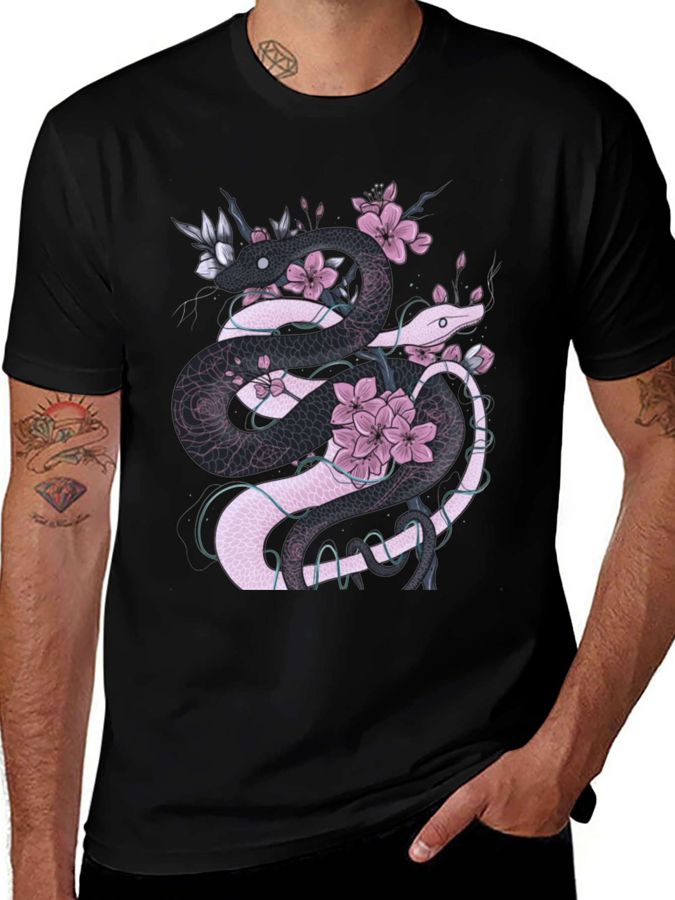 Variant 7 of Floral Snake Graphic Tee - Stylish Men's Black T-Shirt