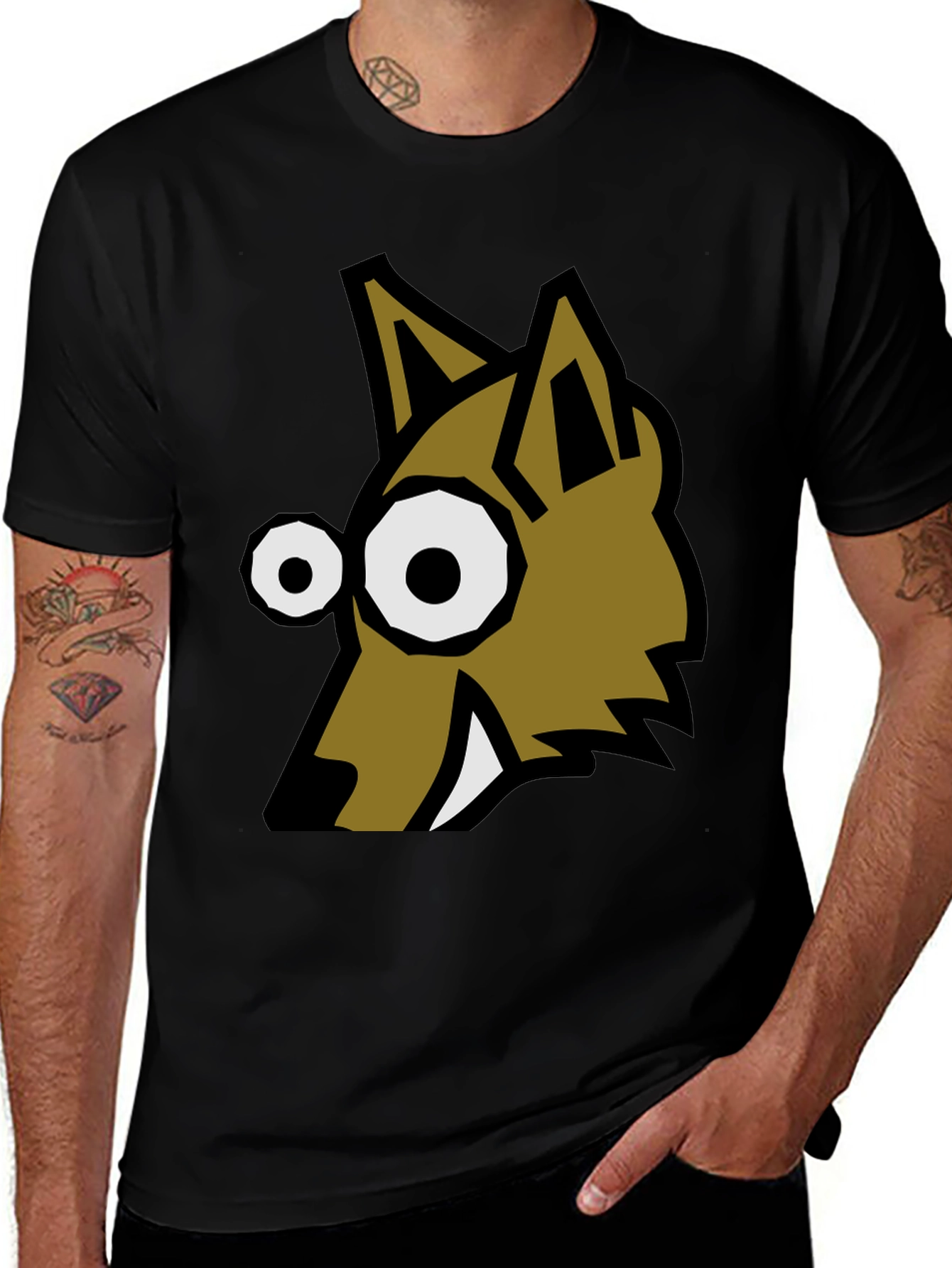 Variant 7 of Cartoon Wolf Graphic Tee - Black Crew Neck T-Shirt