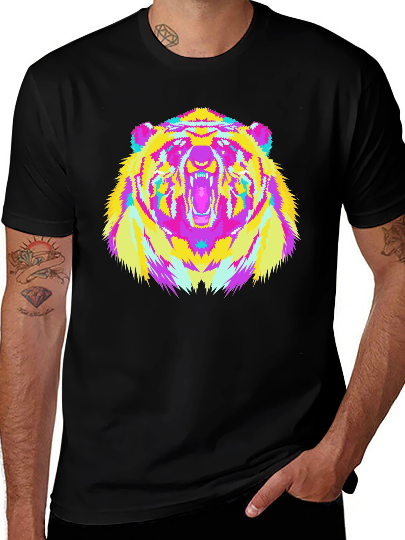 Variant 28 of Vibrant Bear Graphic Tee - Black Cotton Blend