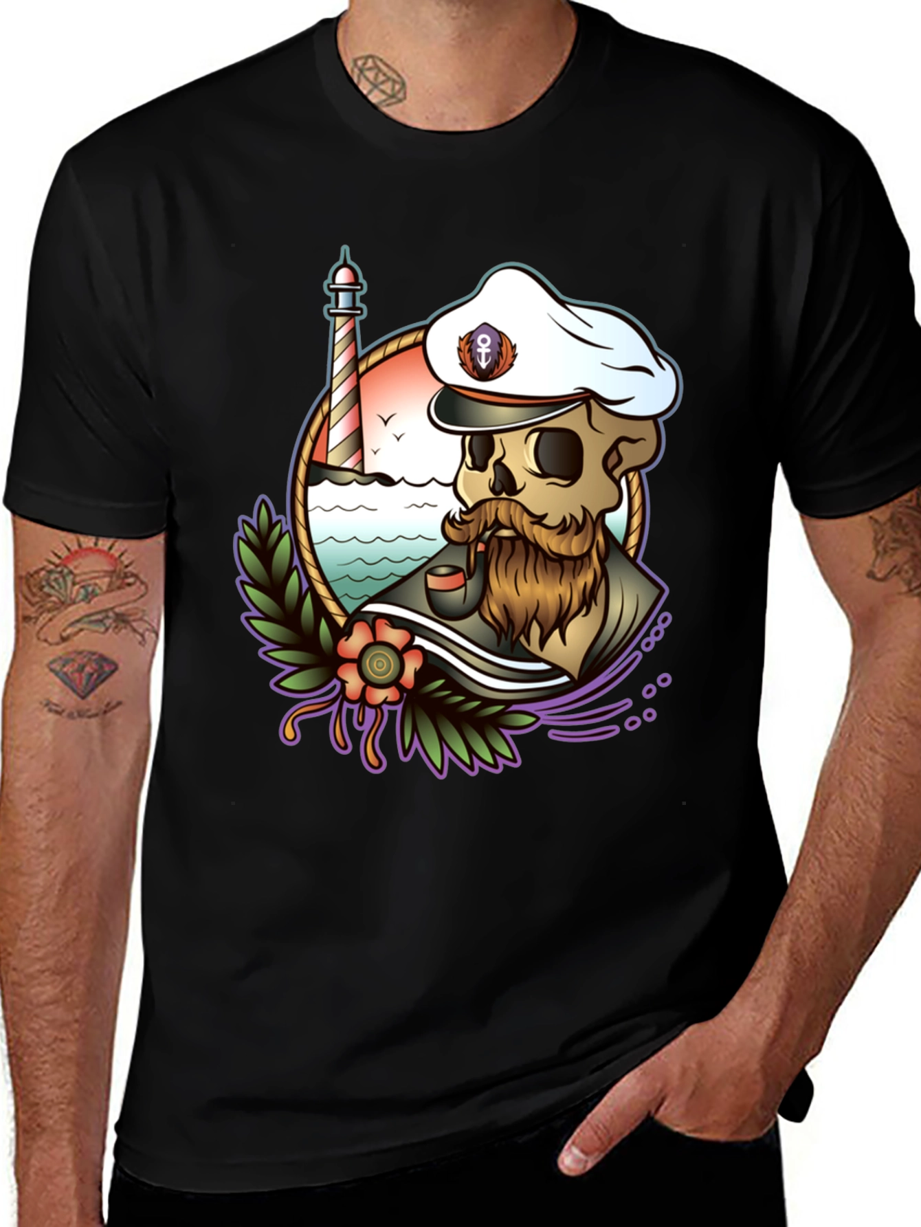 Black Nautical Skull T-Shirt - Captain Skeleton Tee main image