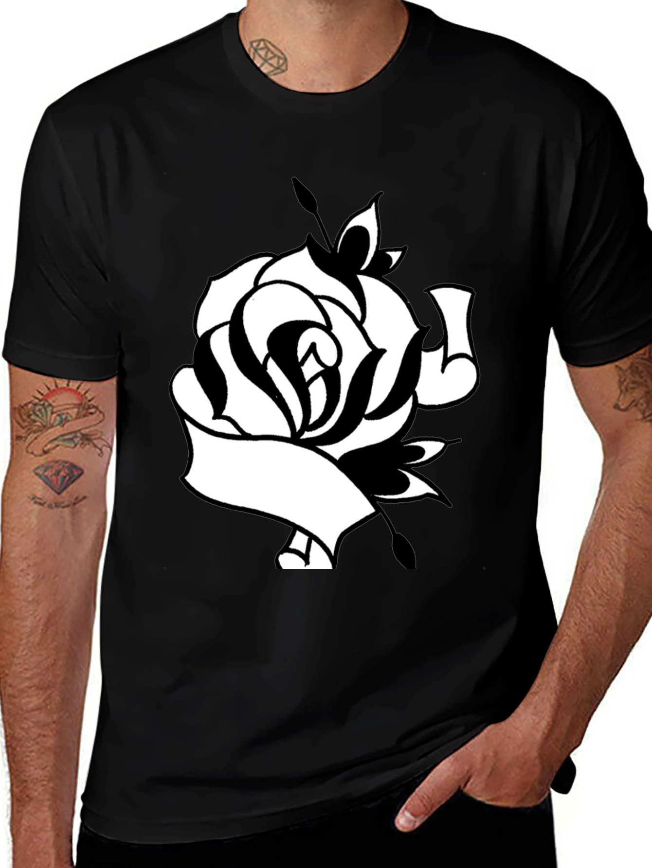 Variant 25 of Black Graphic Tee - Rose Design