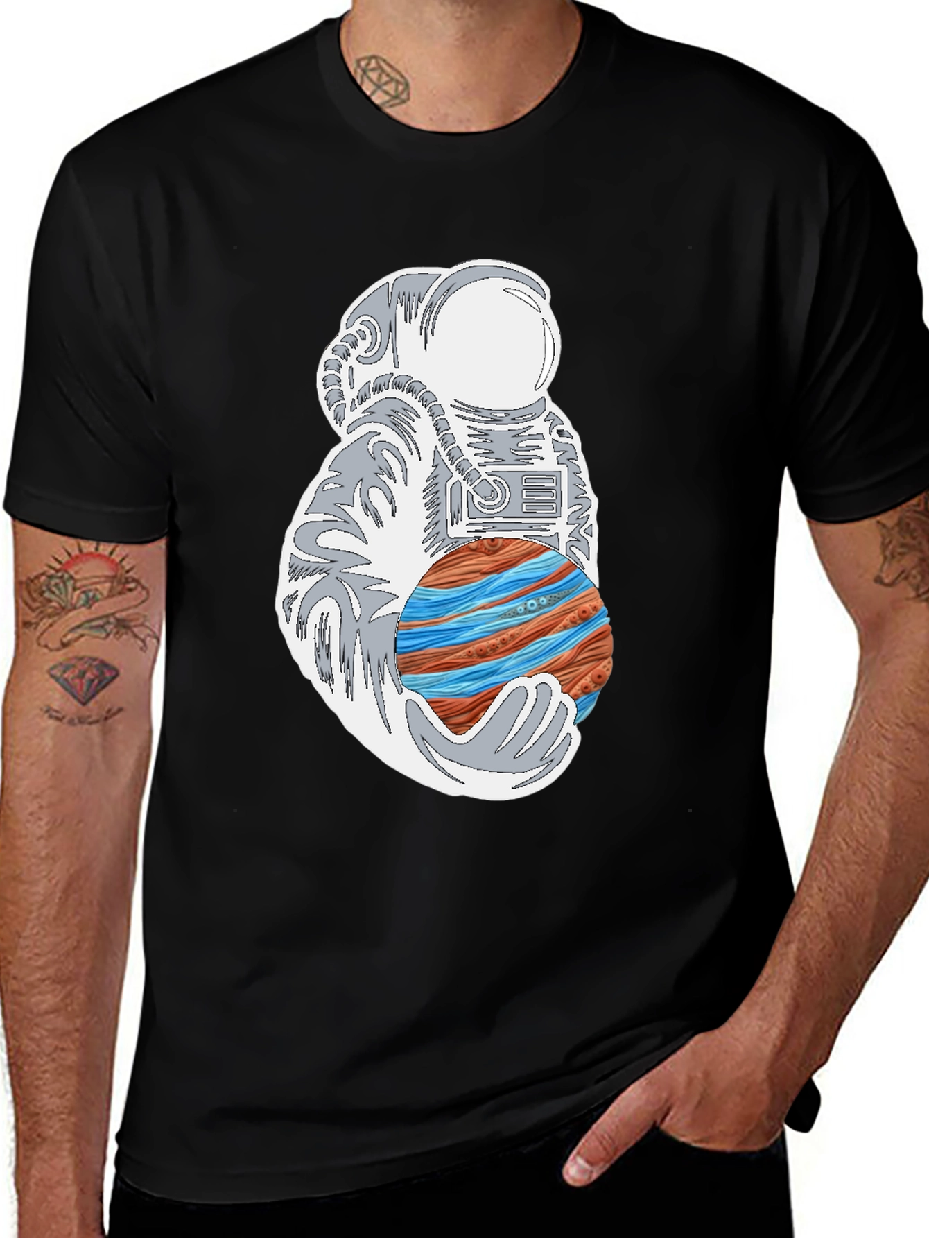 Variant 7 of Astronaut Holding Planet Graphic Tee - Black Cotton T-Shirt