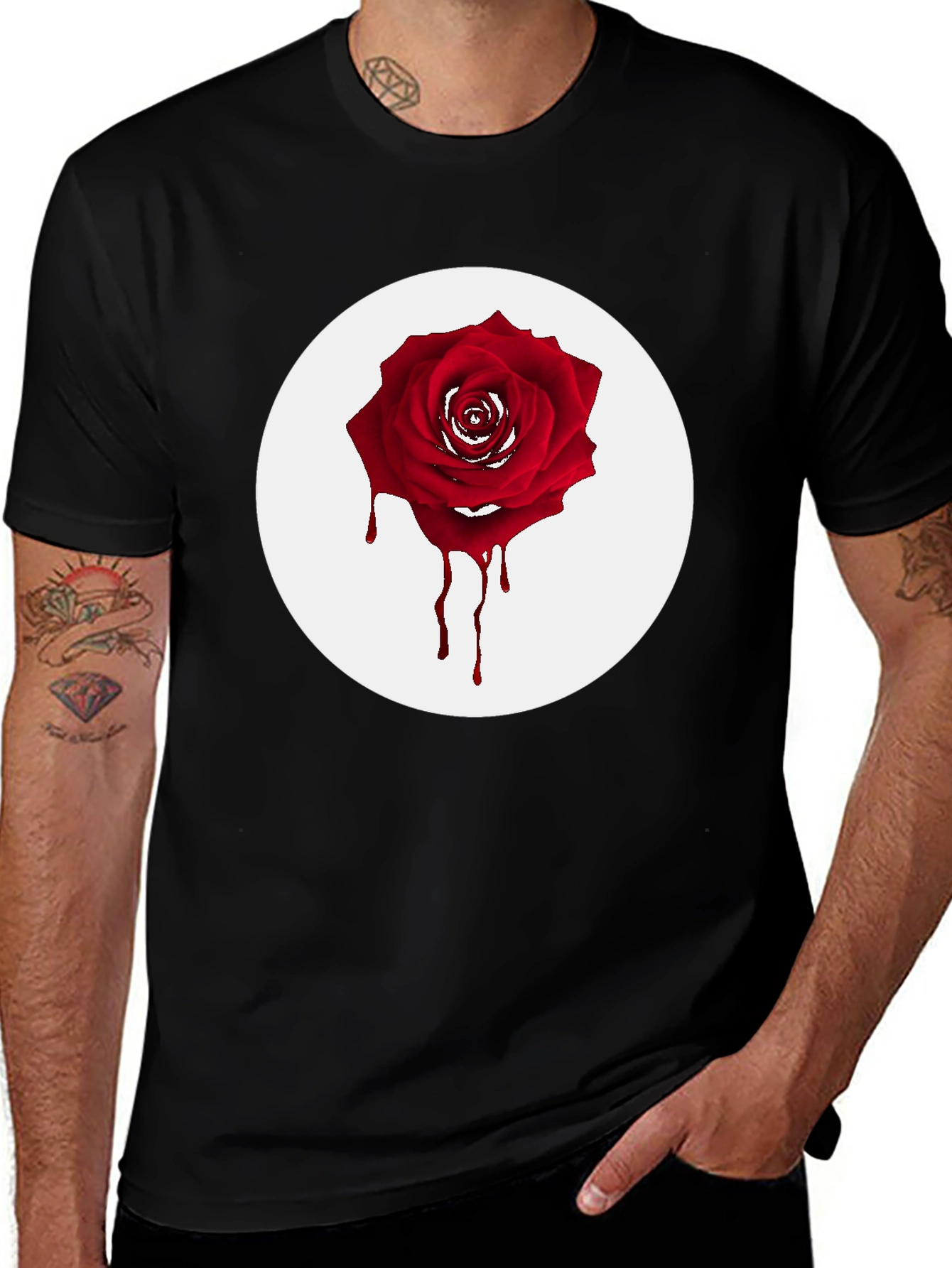 Variant 21 of Men's Black T-Shirt with Bleeding Rose Graphic