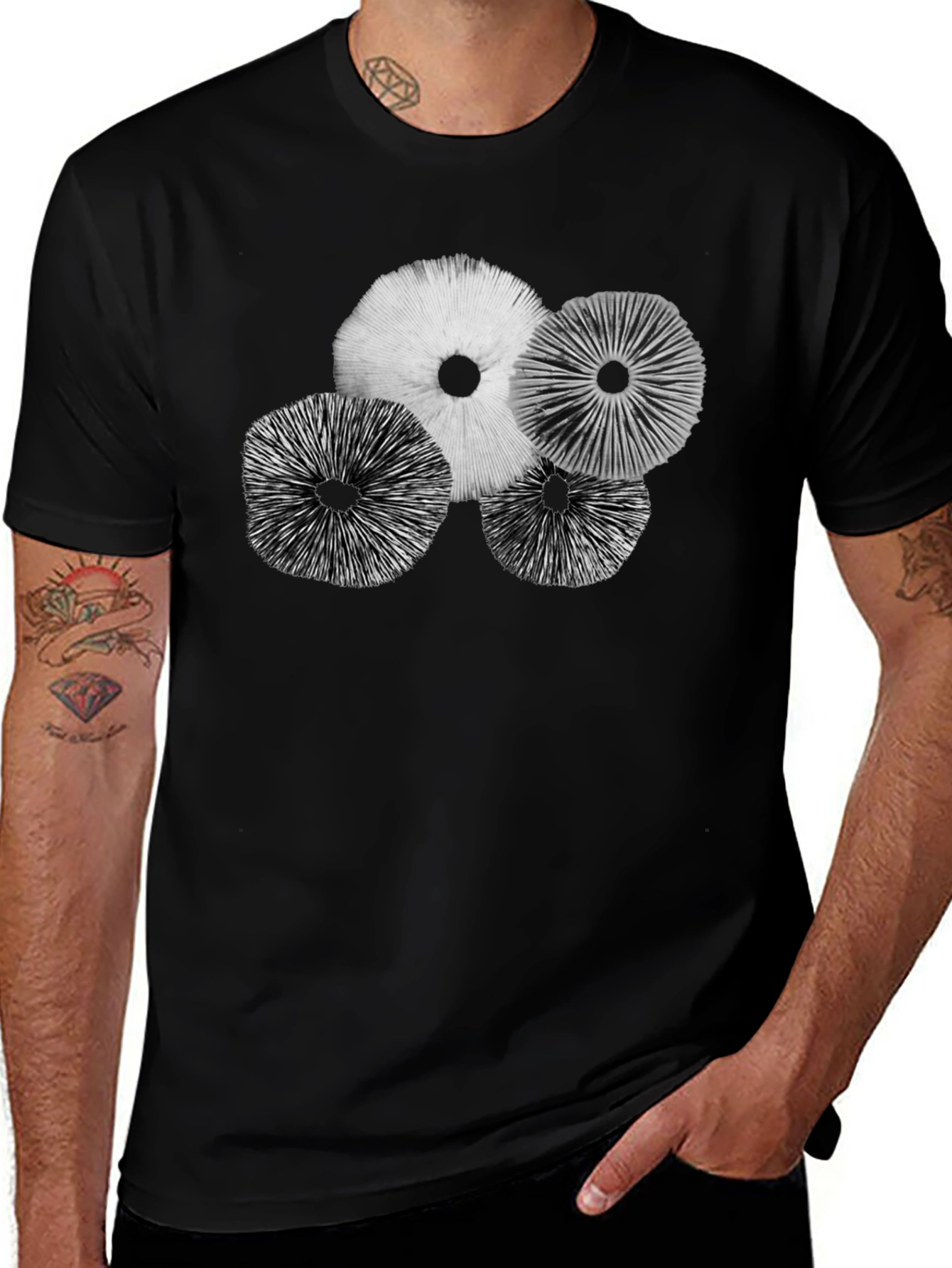 Variant 28 of Mushroom Print Black Crew Neck T-Shirt