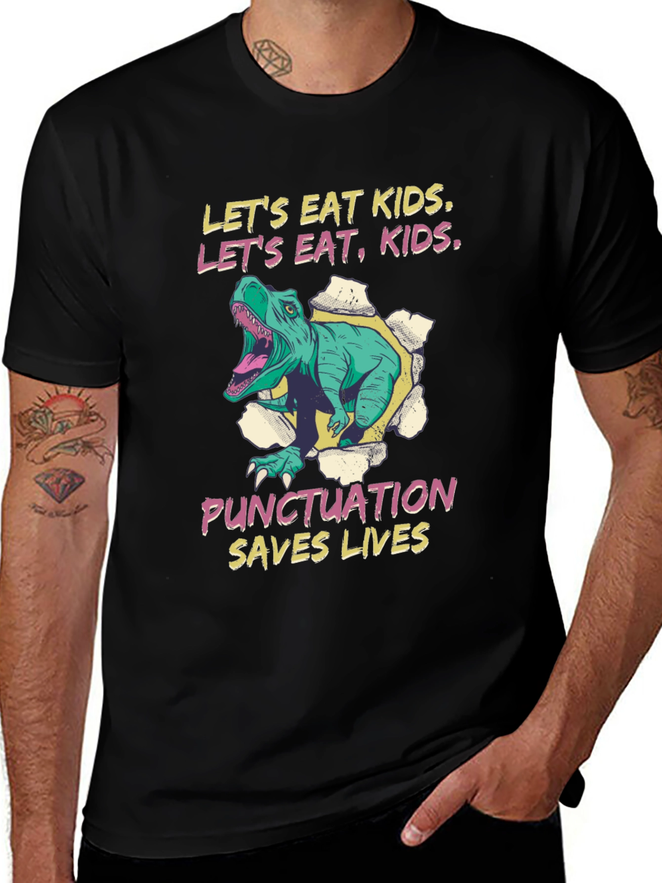 Variant 16 of Dinosaur Punctuation Saves Lives Graphic Tee