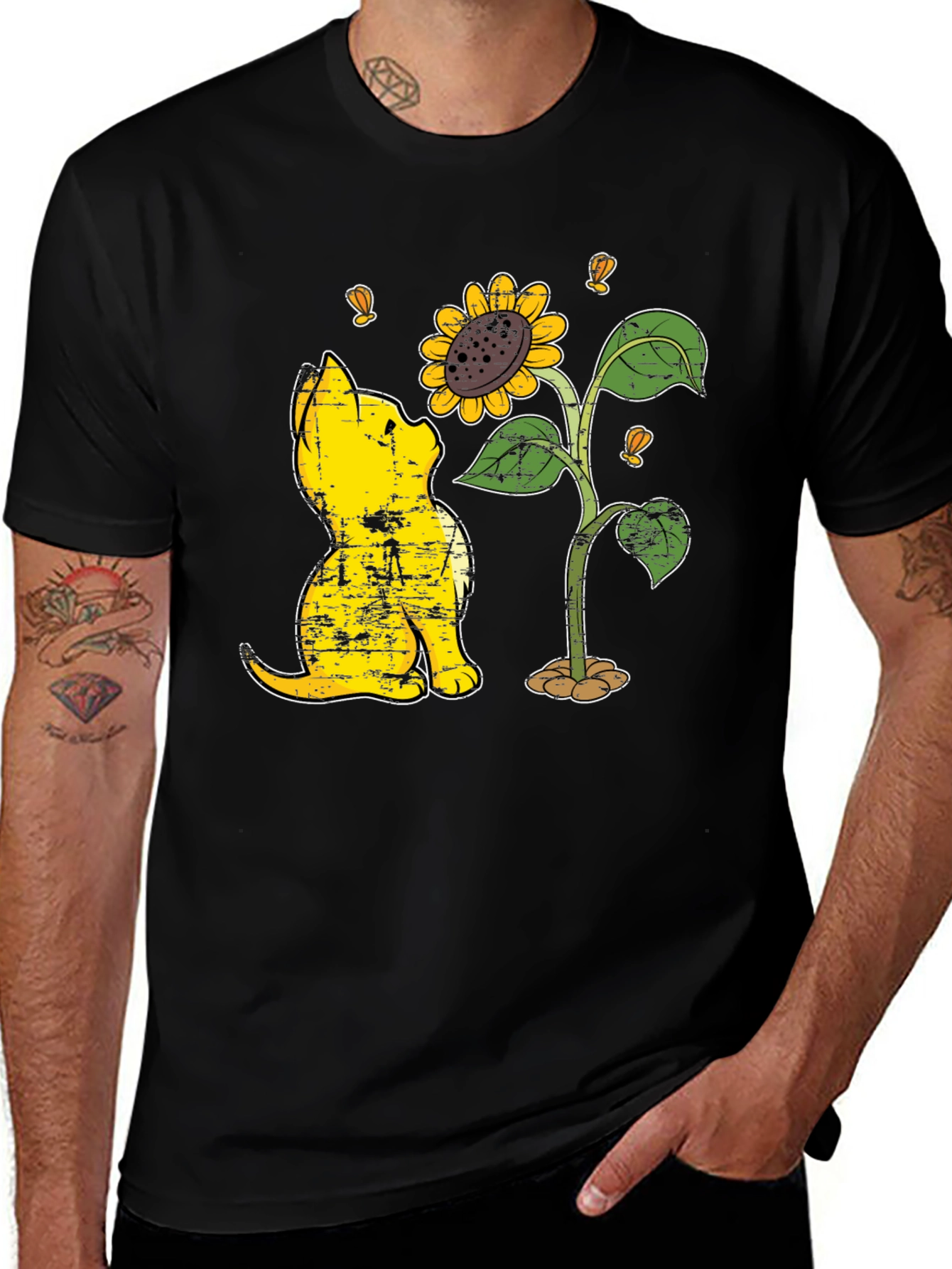 Variant 19 of Cat & Sunflower Graphic T-Shirt - Casual Black Tee