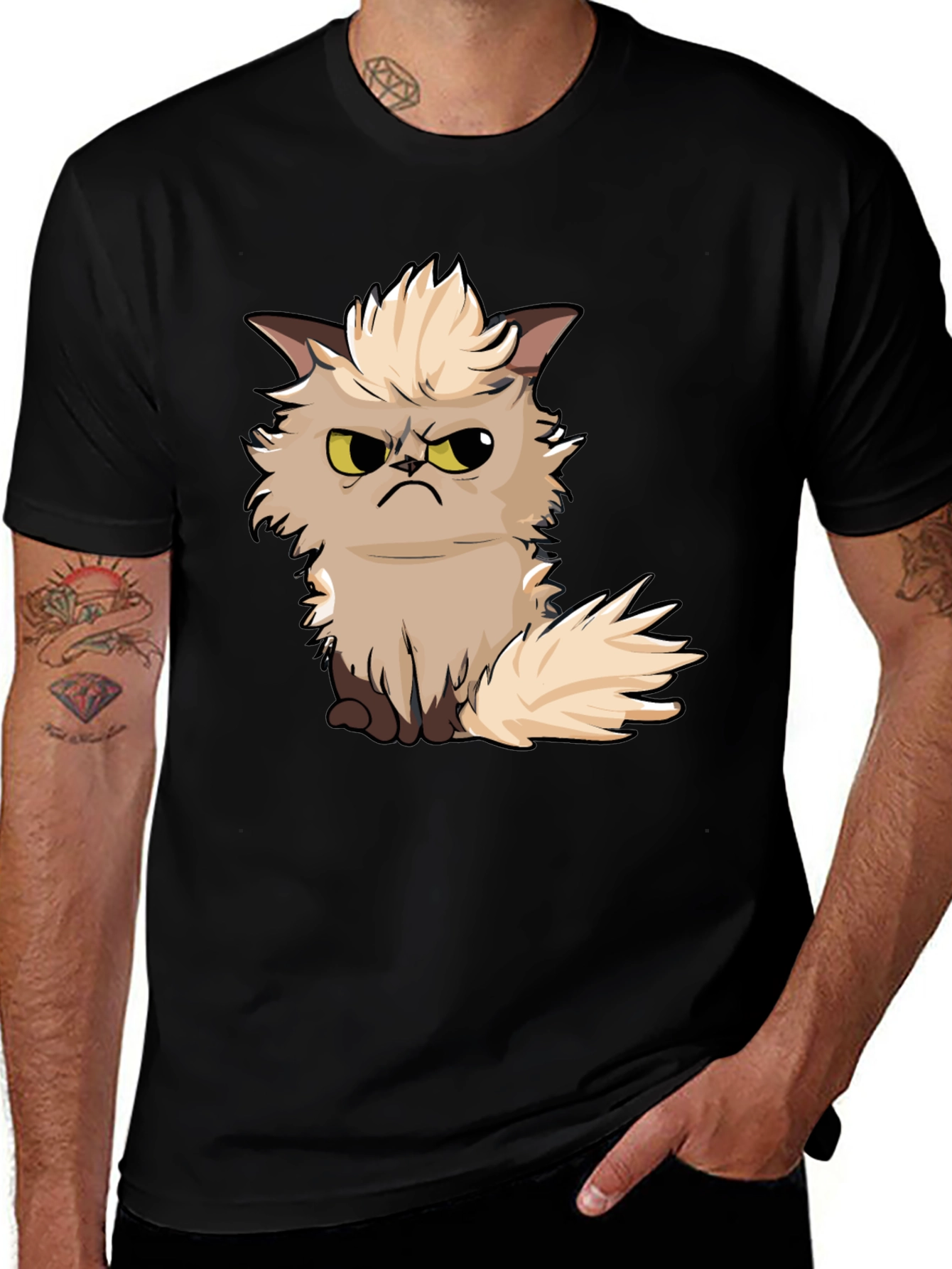 Variant 30 of Grumpy Cat T-Shirt - Black Cotton Tee with Cartoon Cat